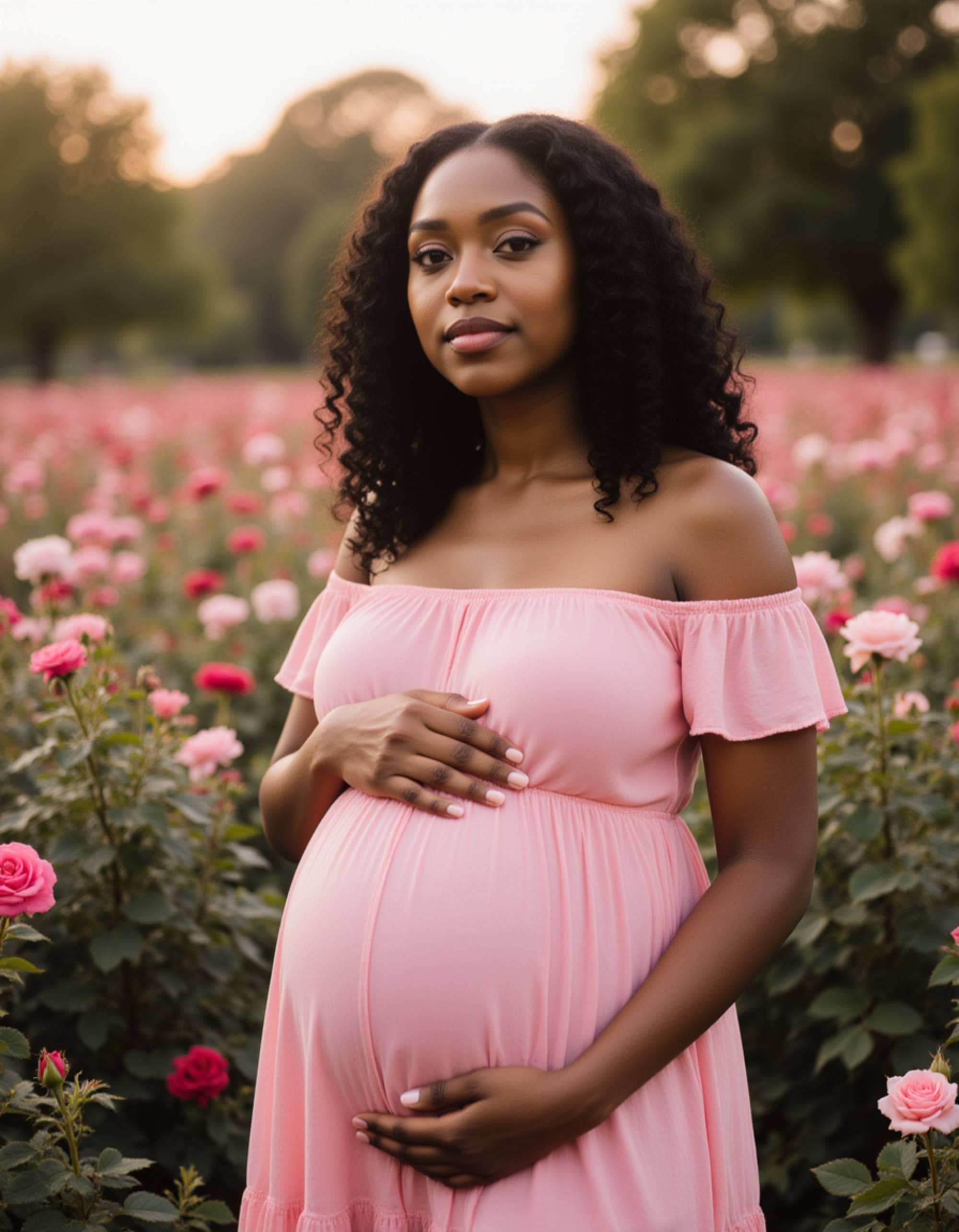 healthy pregnant model in maternity photographs, beautiful pregnant model, maternity photography in a blooming rose garden