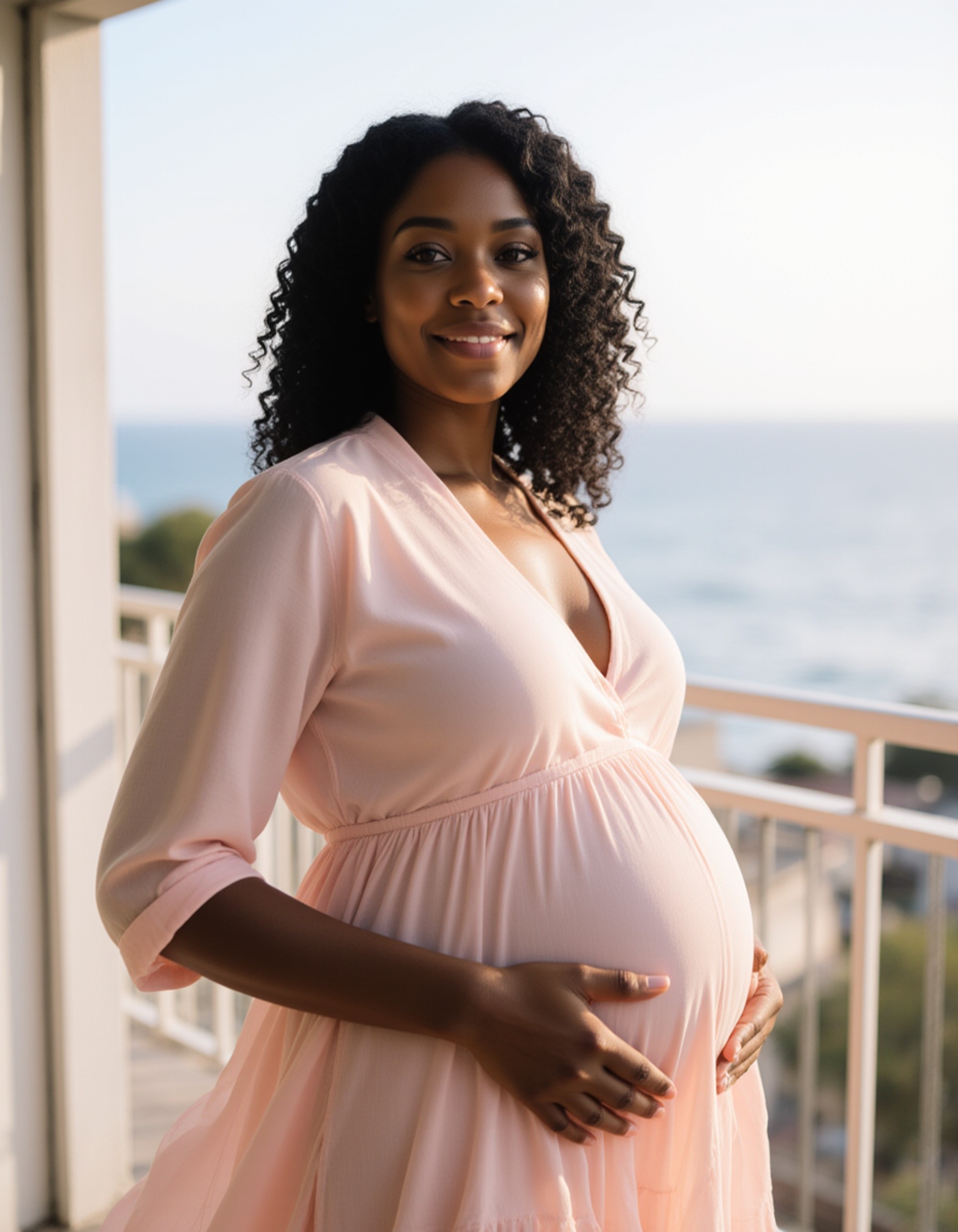 healthy pregnant model in maternity photographs, beautiful pregnant model, maternity photography on a balcony with ocean view