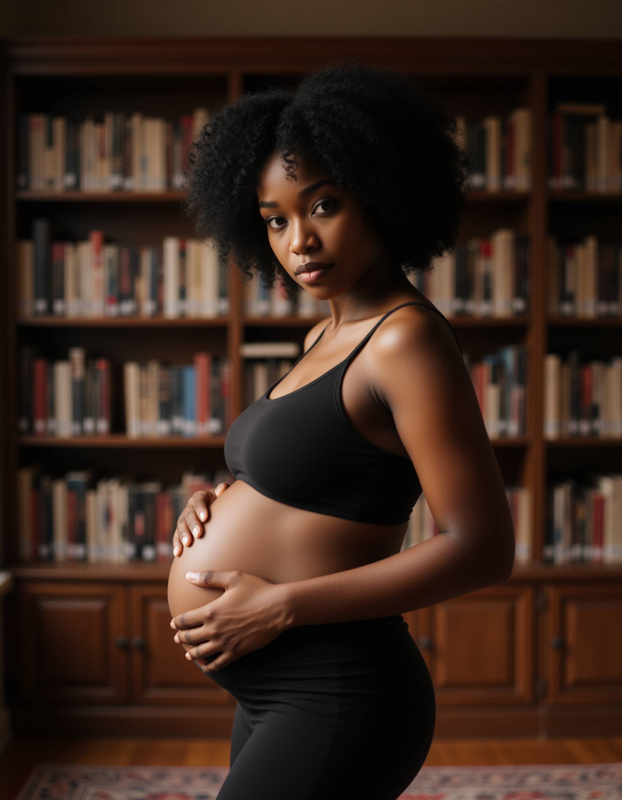 healthy pregnant model in maternity photographs, beautiful pregnant model, maternity photography in a cozy library filled with books