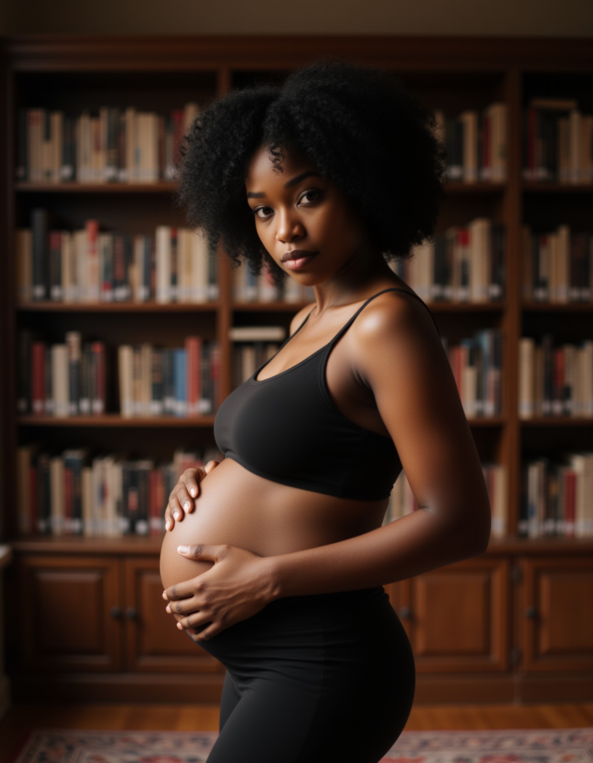 healthy pregnant model in maternity photographs, beautiful pregnant model, maternity photography in a cozy library filled with books