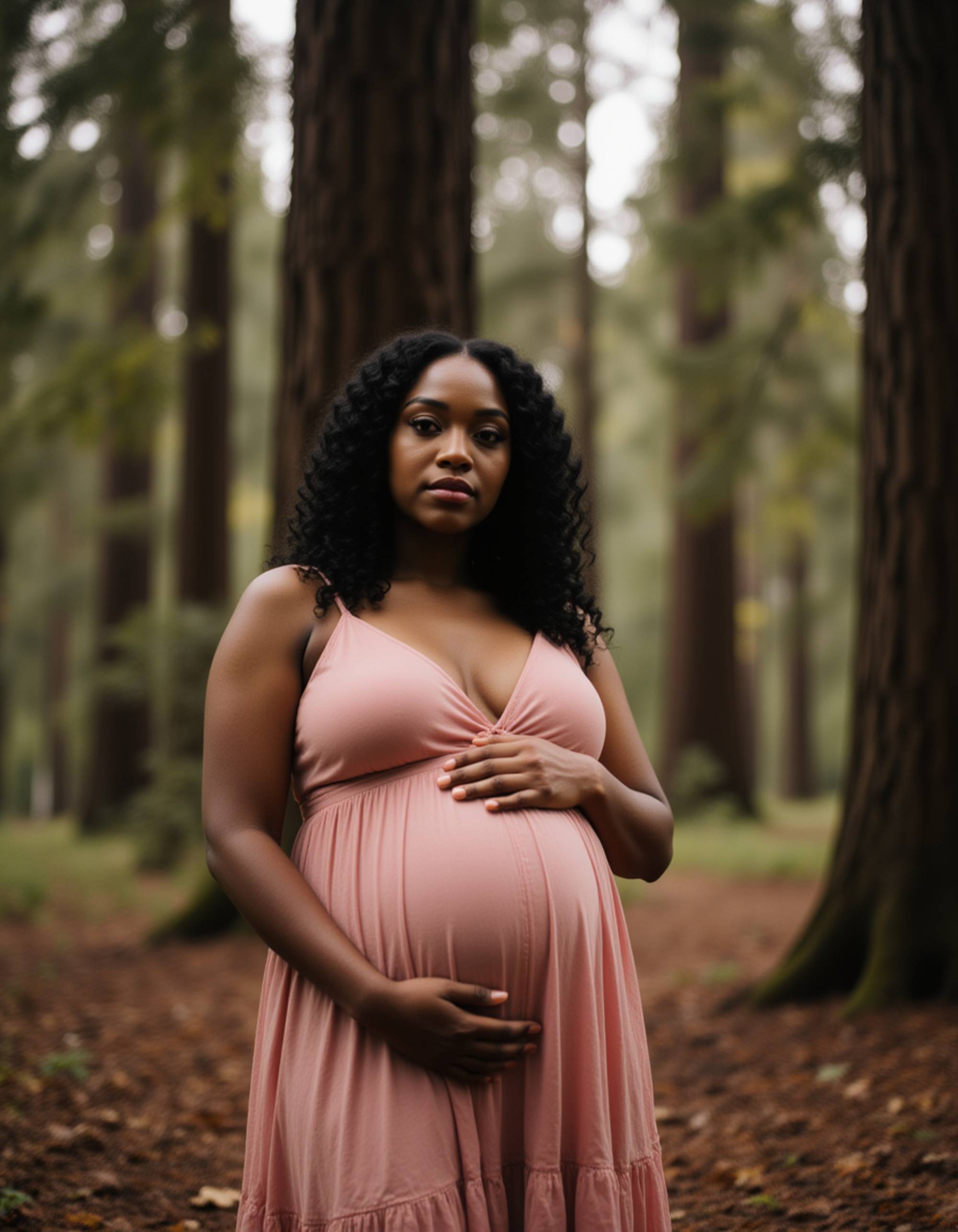 healthy pregnant model in maternity photographs, beautiful pregnant model, maternity photography amidst towering redwood trees
