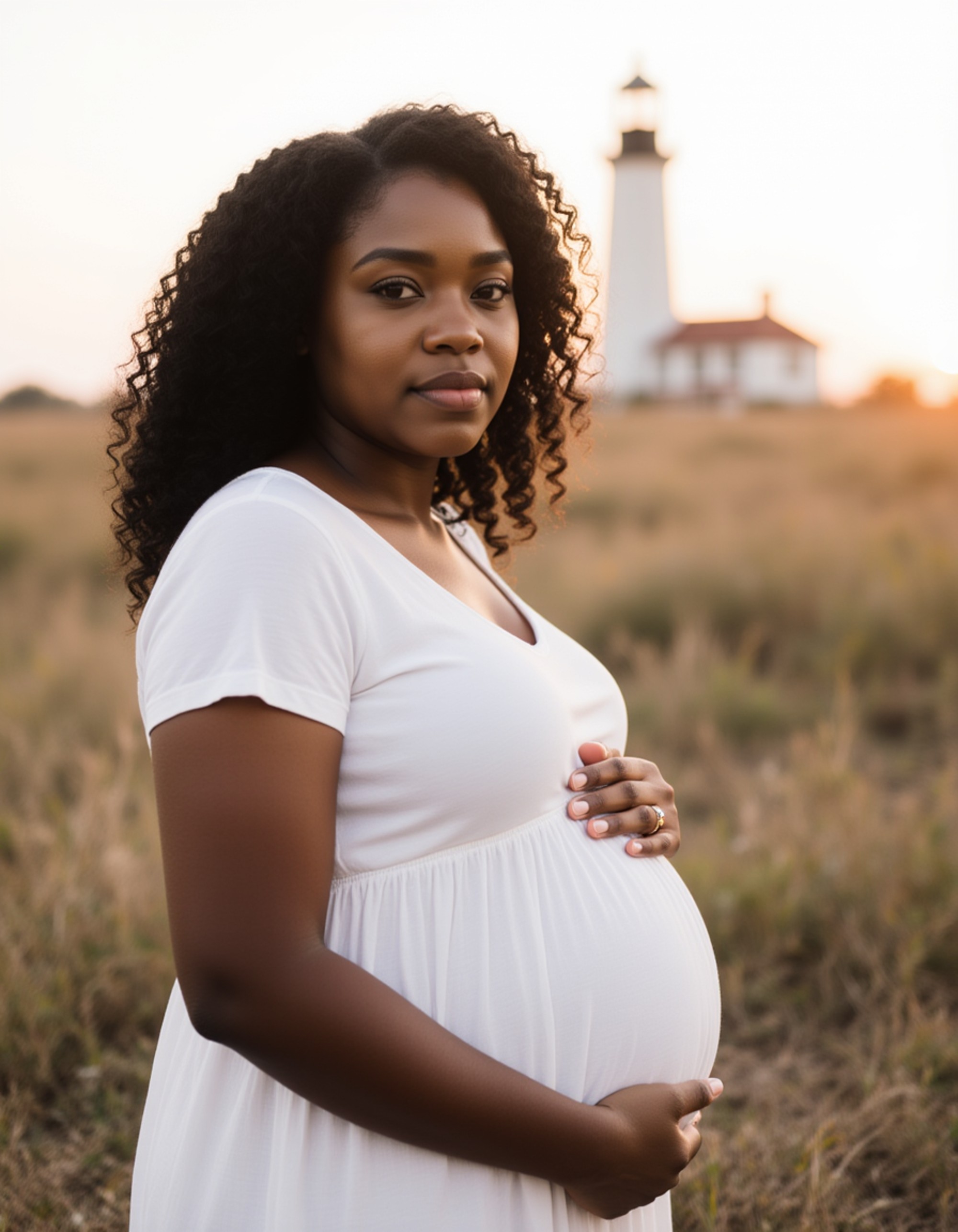 healthy pregnant model in maternity photographs, beautiful pregnant model, maternity photography by a historic lighthouse