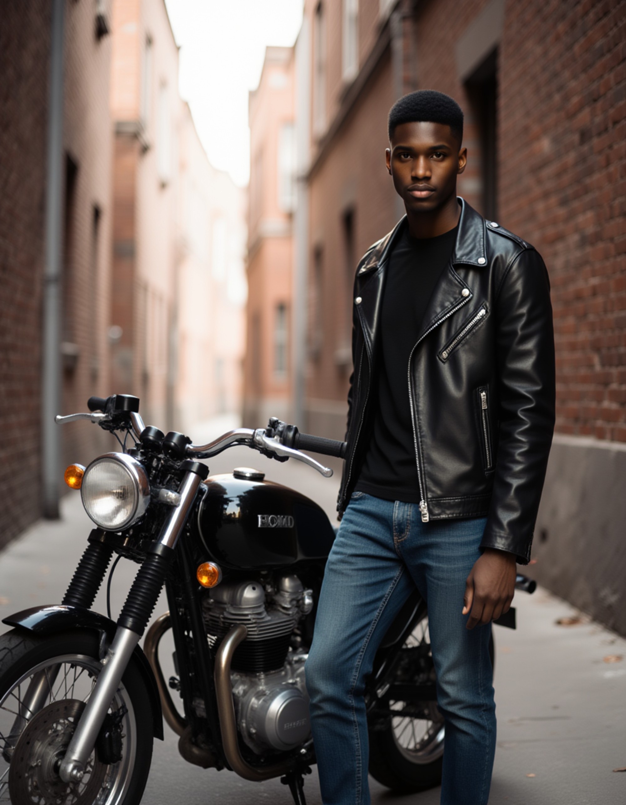 a charismatic masculine model leaning against a vintage motorcycle in a sunlit alley, wearing fitted jeans and a leather jacket, with a confident smirk