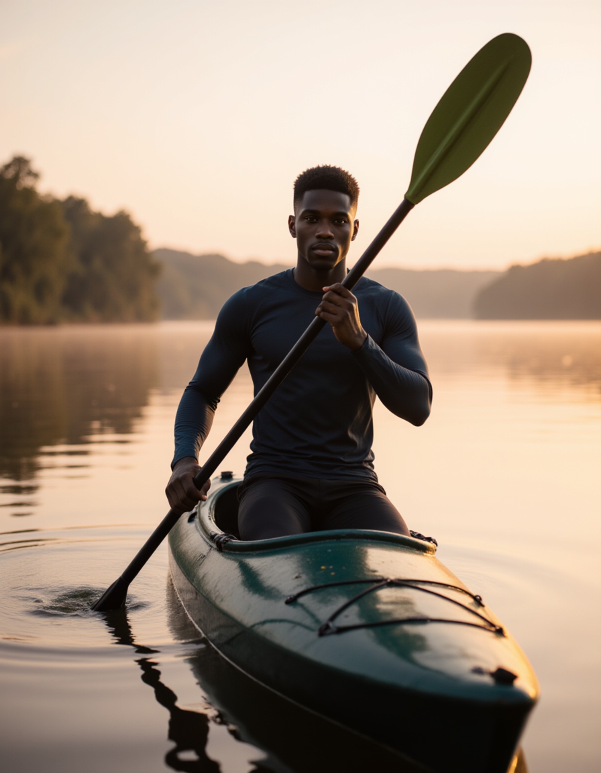 an adventurous masculine model paddling a kayak on a serene lake at dawn, in a moisture-wicking shirt and shorts, showcasing determination and vitality
