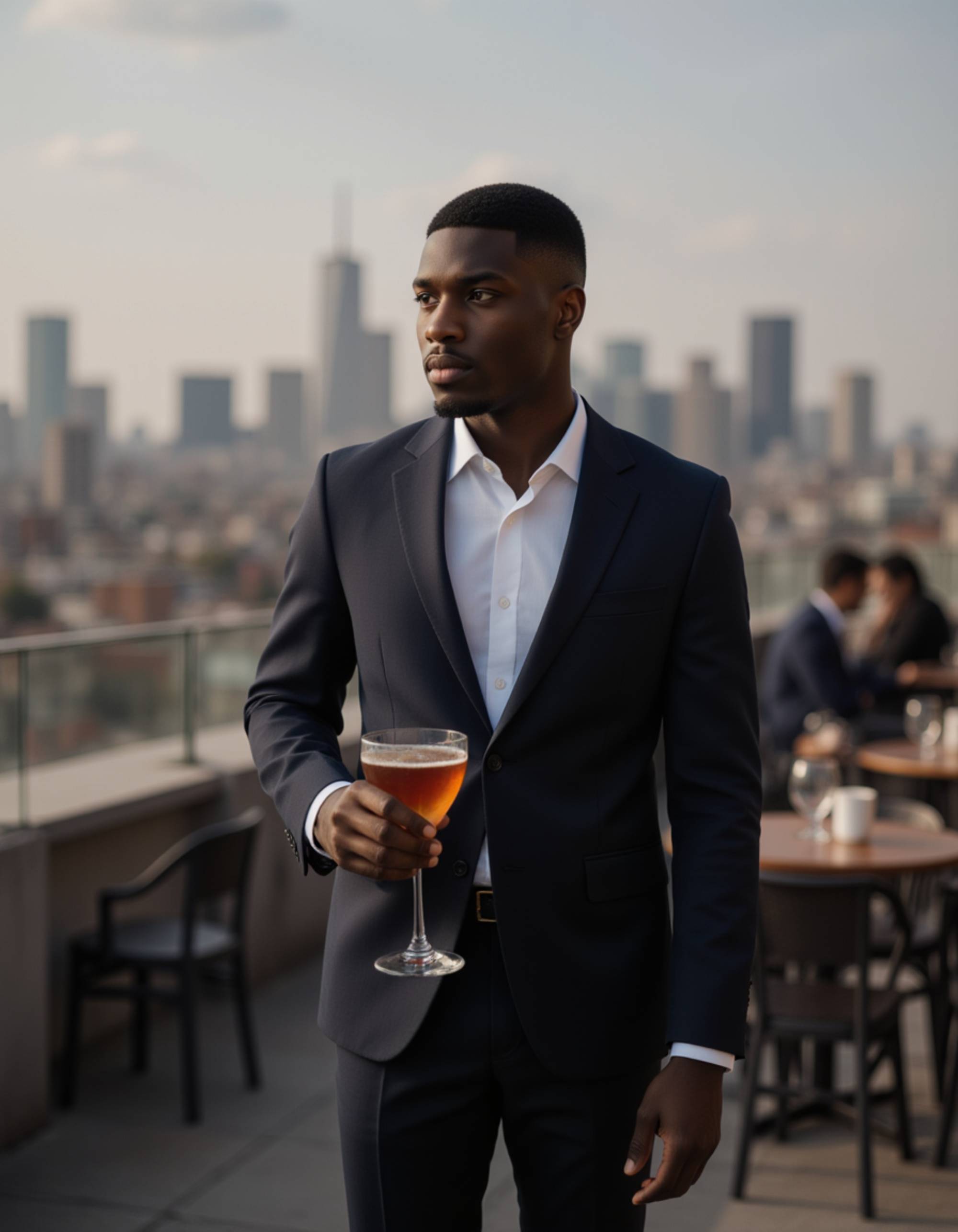 a refined masculine model at a rooftop cocktail party, dressed in a tailored blazer and slacks, gazing thoughtfully at the city skyline with a glass in hand