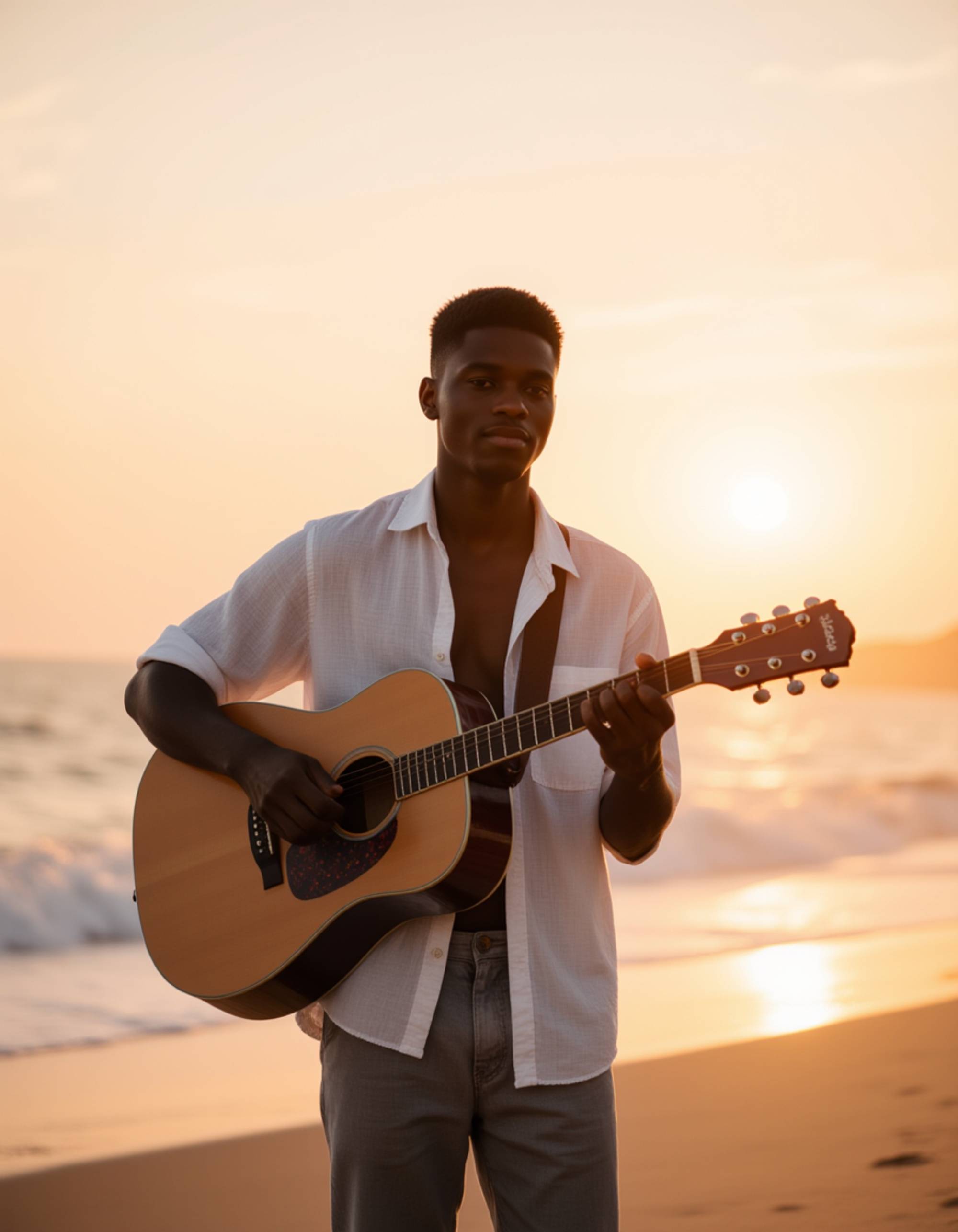 a laid-back masculine model playing acoustic guitar on a beach at sunset, in board shorts and a linen shirt, radiating warmth and creativity
