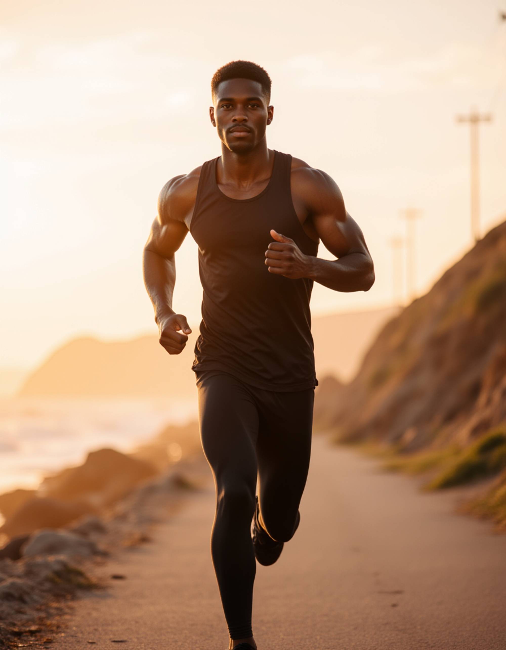 a dynamic masculine model jogging along a coastal path, wearing performance running gear, with sweat-glistened skin and an invigorated expression under golden hour light