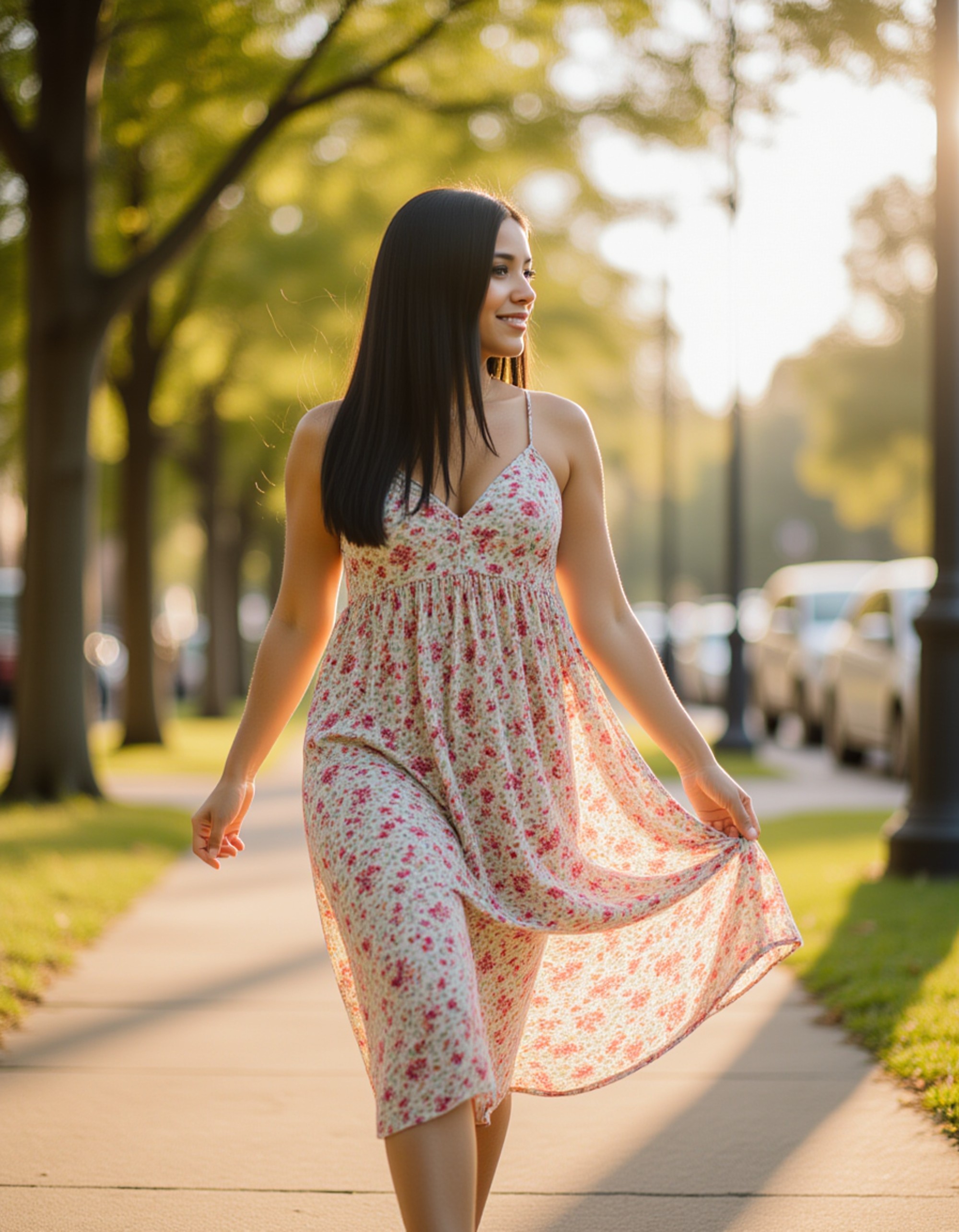 a confident feminine model strolling through a vibrant city park, wearing a flowy sundress that catches the breeze, with soft natural light filtering through the trees