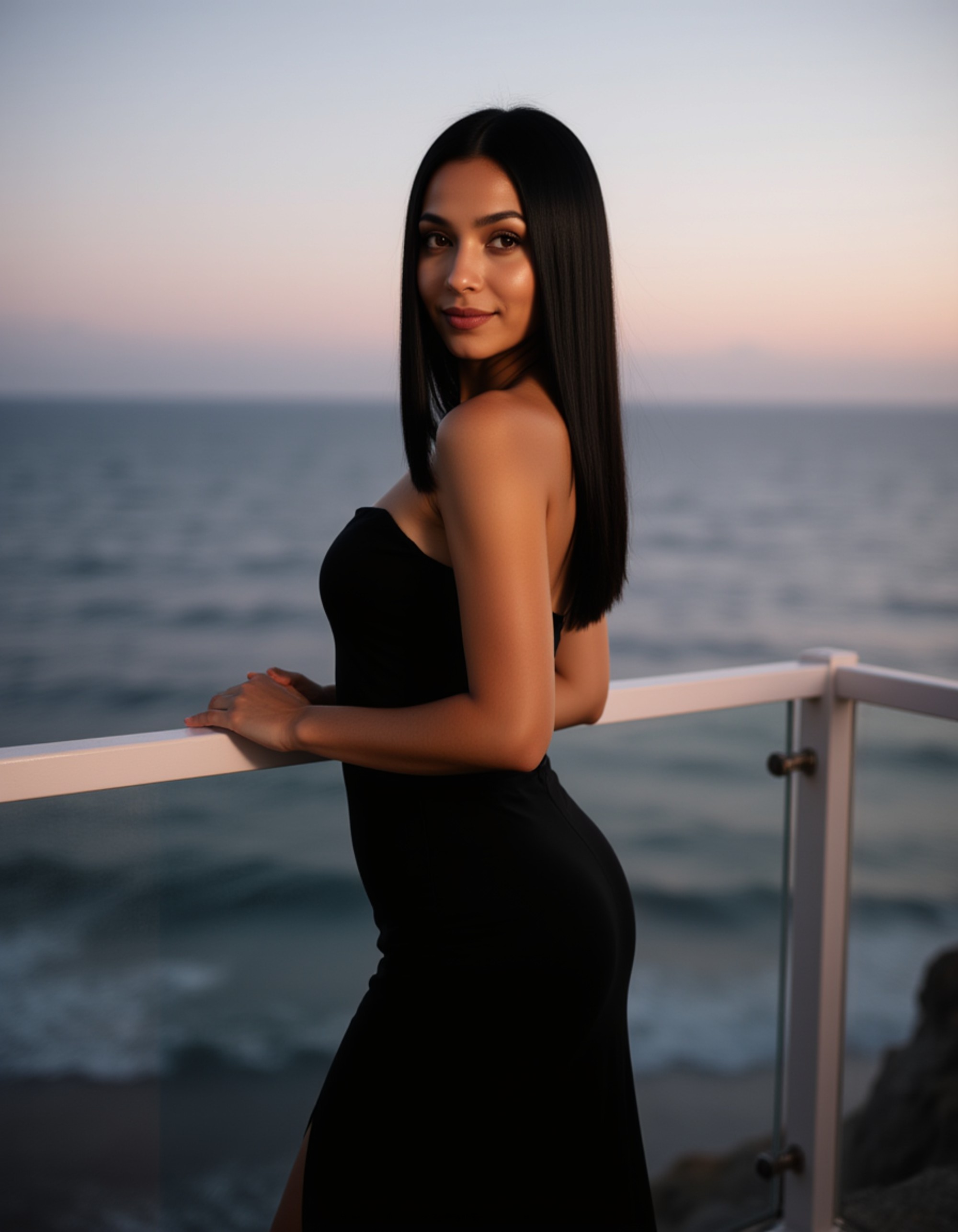 an elegant feminine model posing on a balcony overlooking the ocean at dusk, dressed in a sleek black maxi dress, exuding poise and mystery with a gentle smile