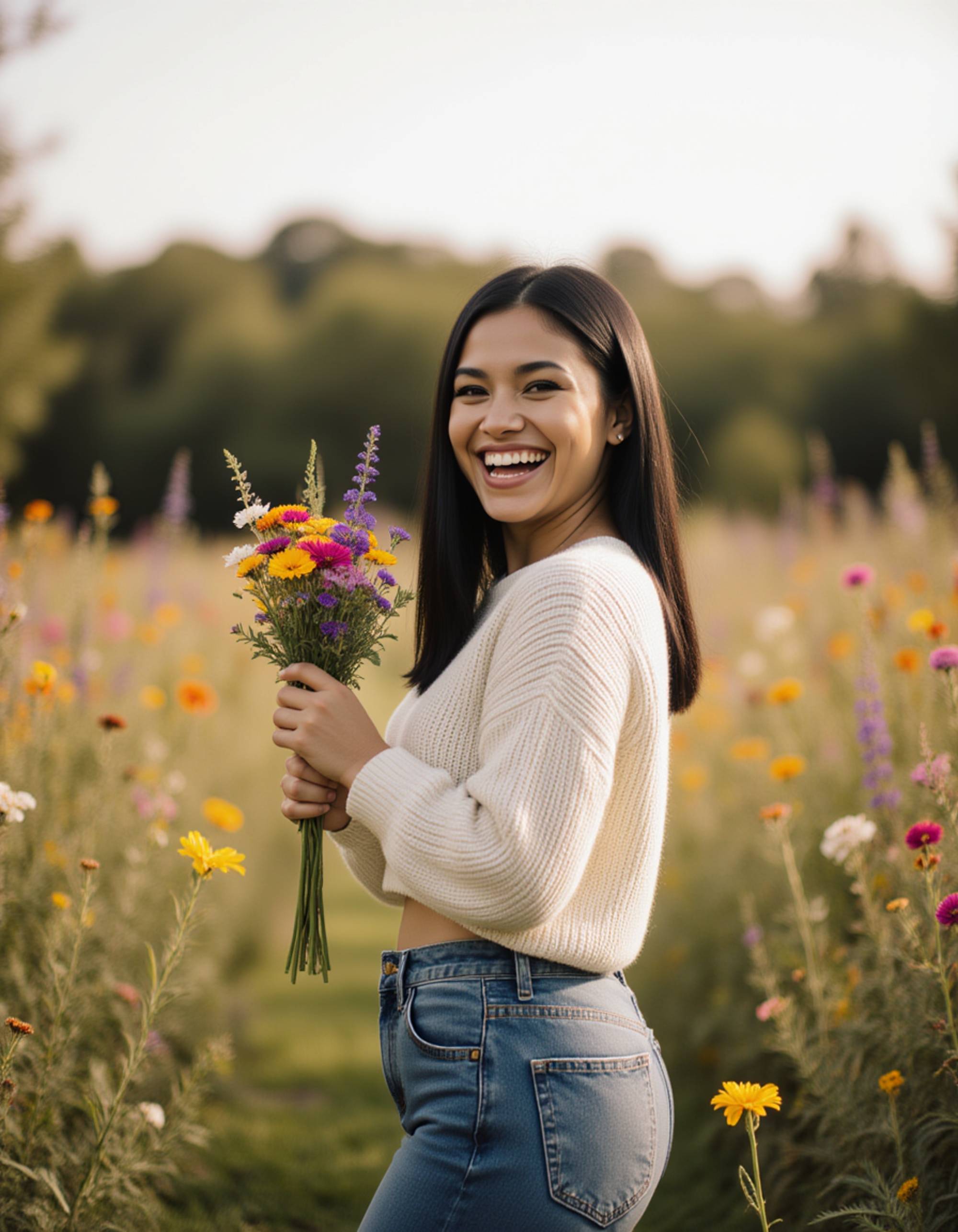 a playful feminine model laughing while holding a bouquet of wildflowers in a meadow, in casual jeans and a cropped sweater, capturing a joyful and free-spirited moment
