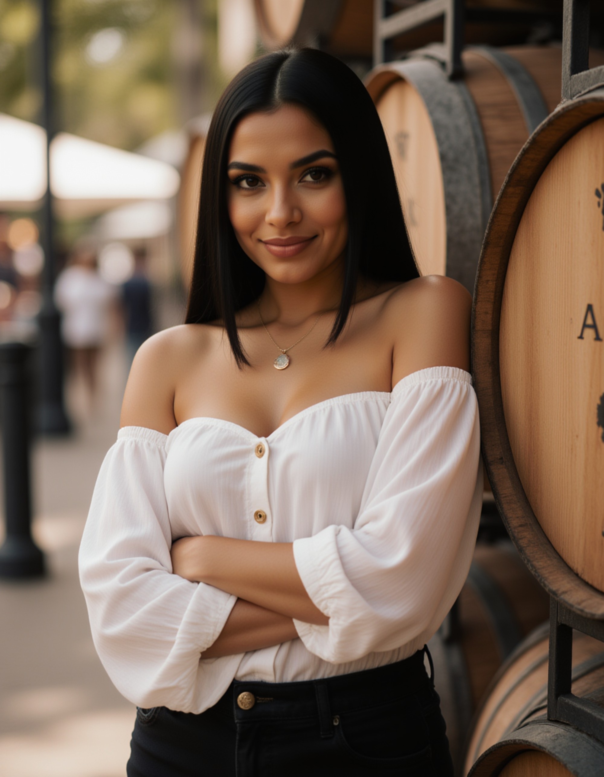 a sophisticated feminine model at a wine tasting event, wearing a chic off-shoulder blouse and skirt, leaning against a wooden barrel with a knowing gaze