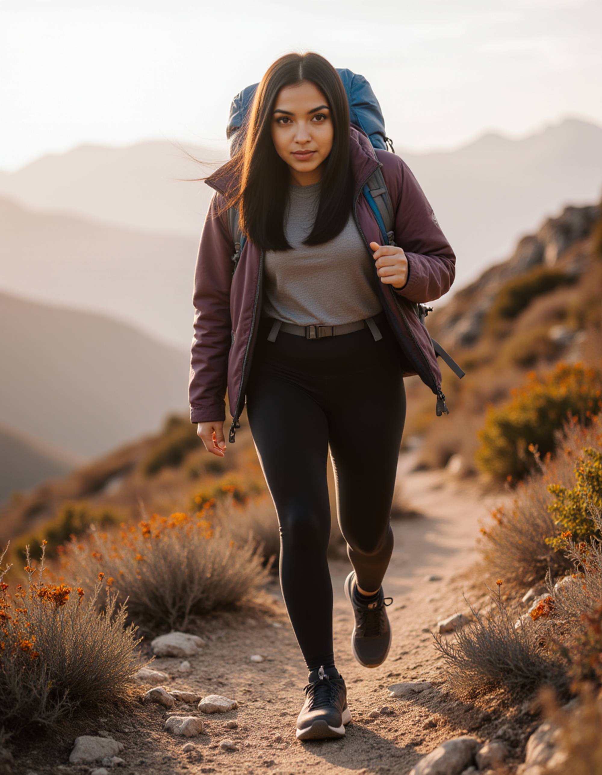 an adventurous feminine model climbing a rocky trail in the hills, in fitted leggings and a lightweight jacket, with wind-swept hair and an empowered expression