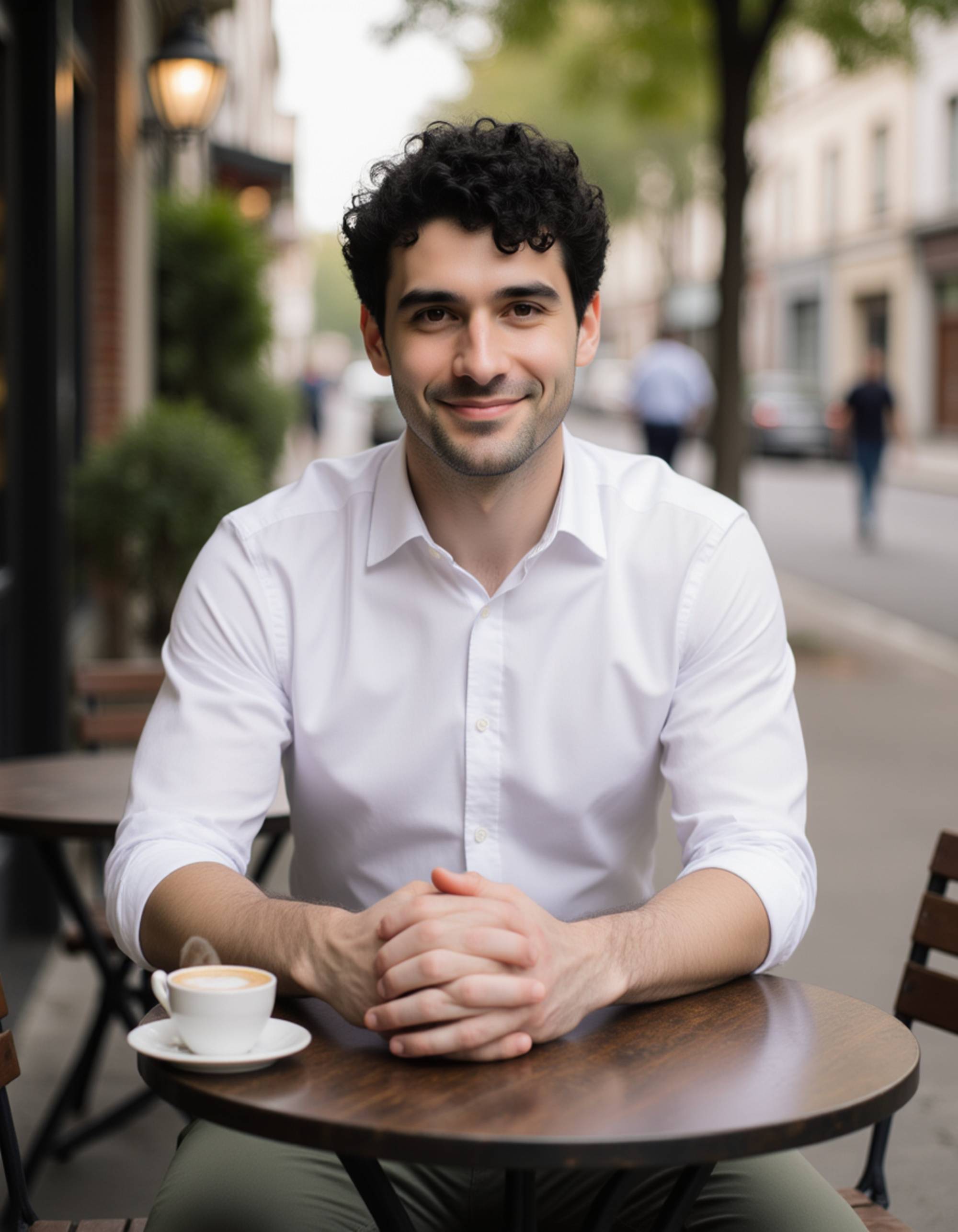 a suave masculine model sipping coffee at an outdoor café in Paris, dressed in a crisp button-down shirt and chinos, with a relaxed yet intriguing smile