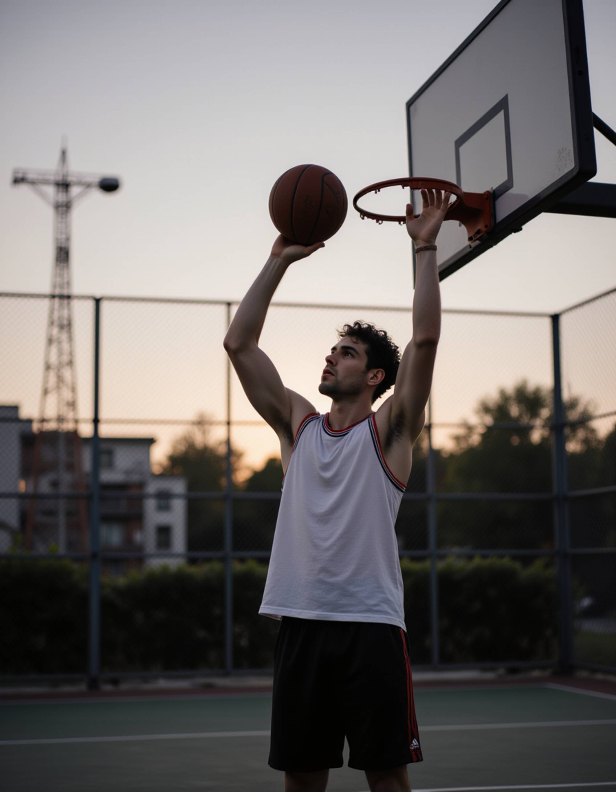 an athletic masculine model shooting hoops in an urban basketball court at twilight, in athletic shorts and a tank top, exuding energy and focus