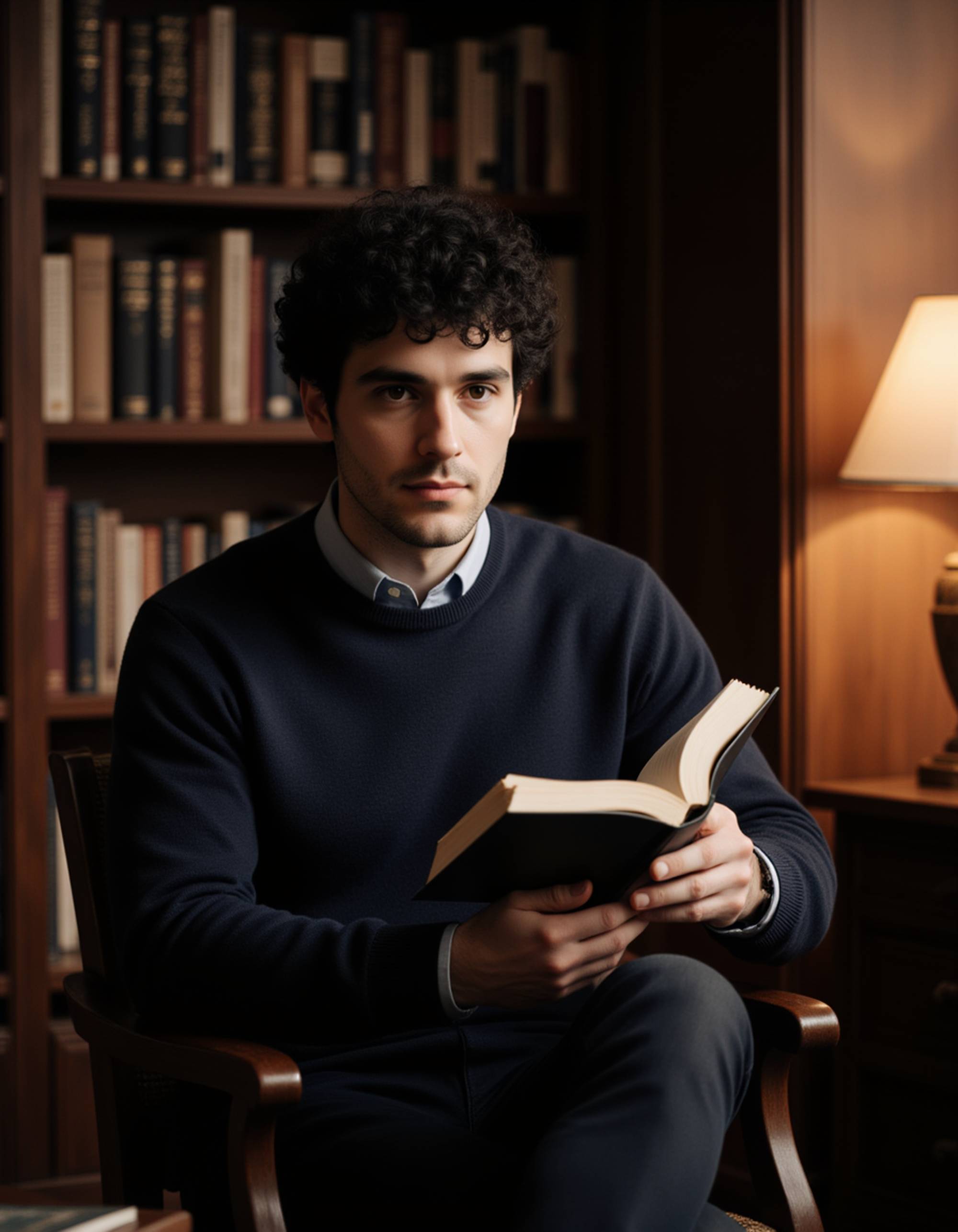 a thoughtful masculine model reading a book in a cozy library nook, wearing a fitted sweater and trousers, with warm lamplight highlighting his features