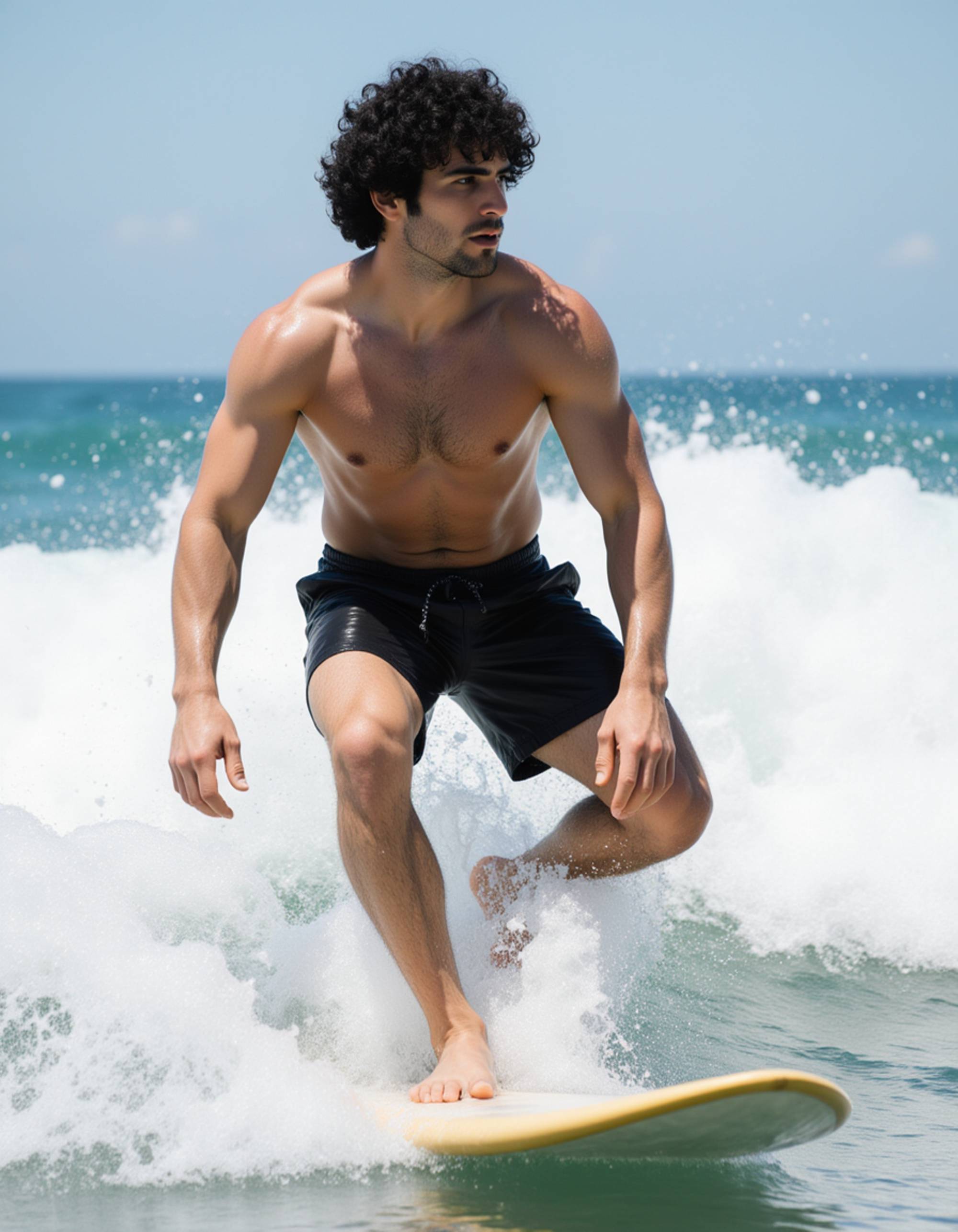a bold masculine model surfing powerful waves off the coast, in board shorts with salt-sprayed hair, capturing raw strength and exhilaration