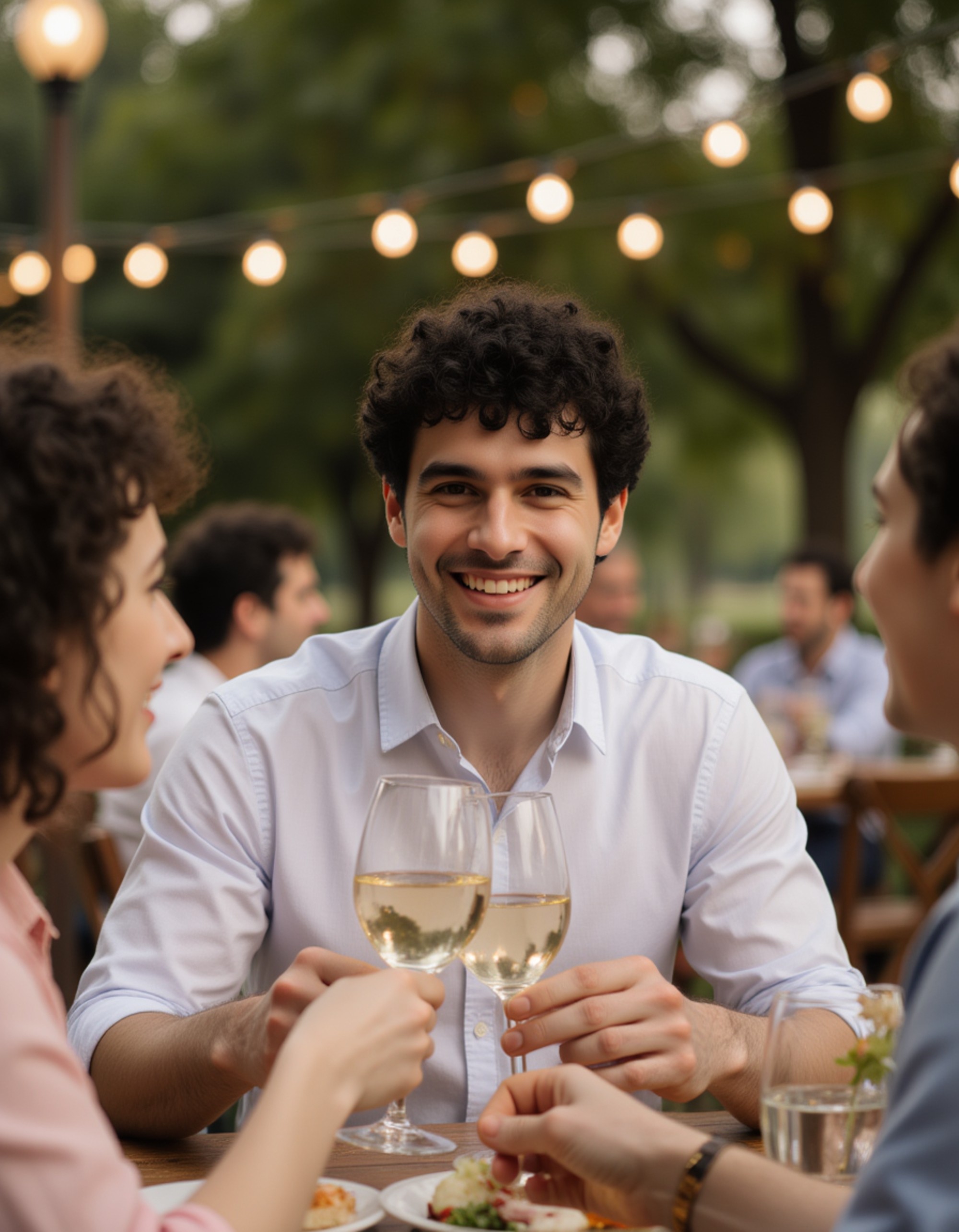 a charming masculine model toasting at a vineyard dinner under string lights, in a linen shirt with rolled sleeves, sharing a genuine laugh