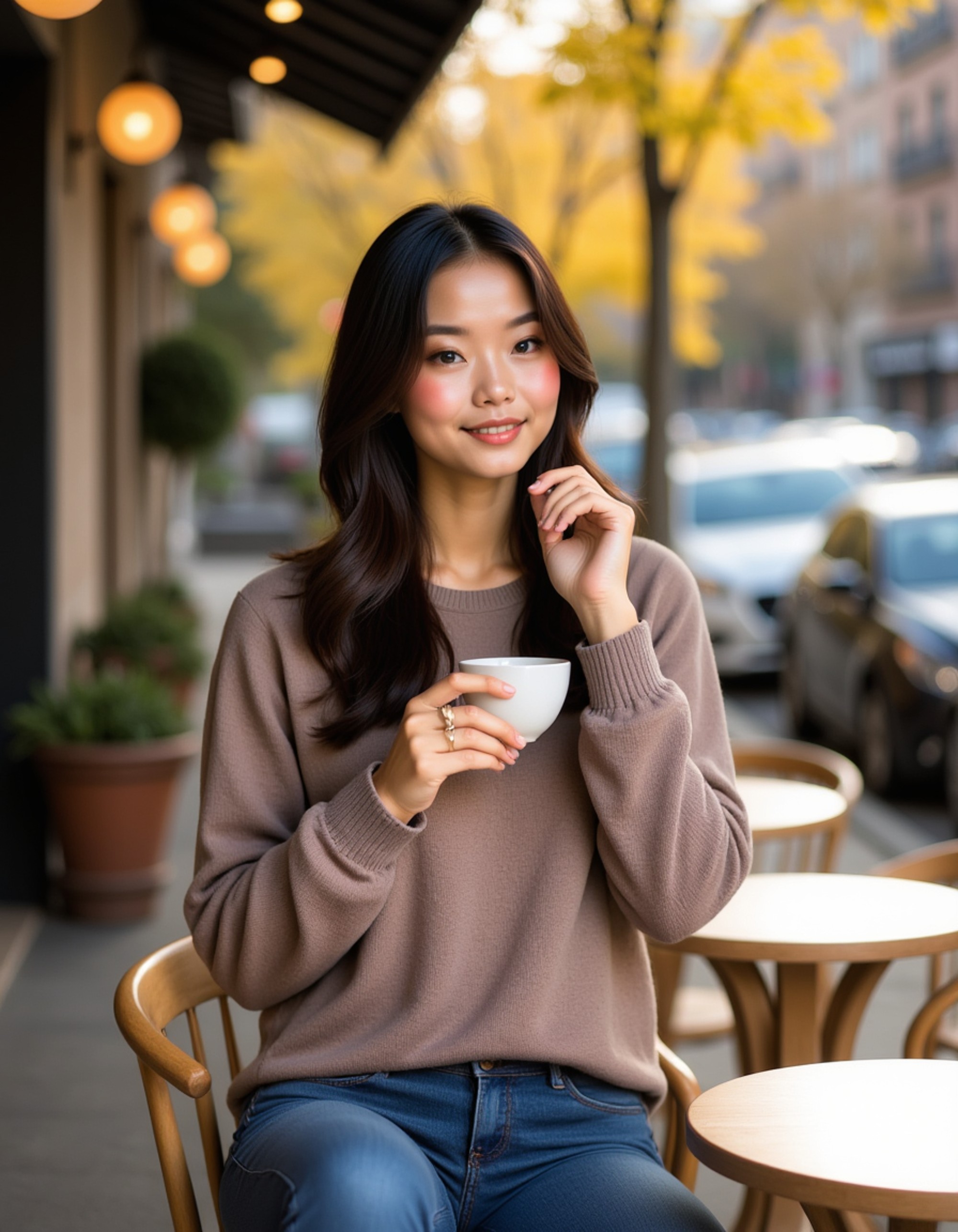a confident feminine model enjoying coffee at a cozy outdoor café, wearing a chic autumn sweater and jeans, natural morning light creating a warm and inviting atmosphere
