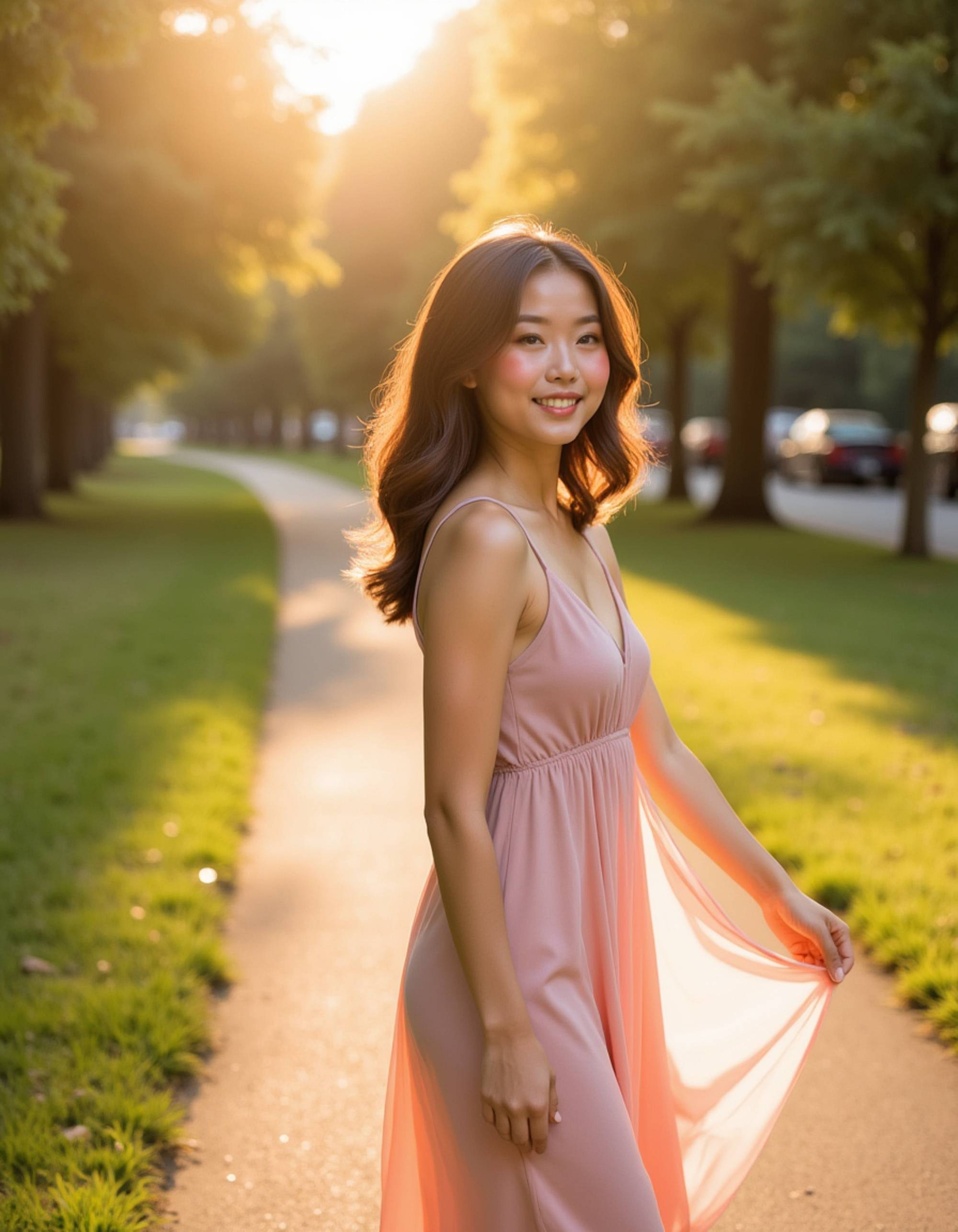feminine model laughing genuinely while walking through a sunlit park, dressed in an elegant flowy sundress, golden hour lighting enhancing the romantic and carefree mood