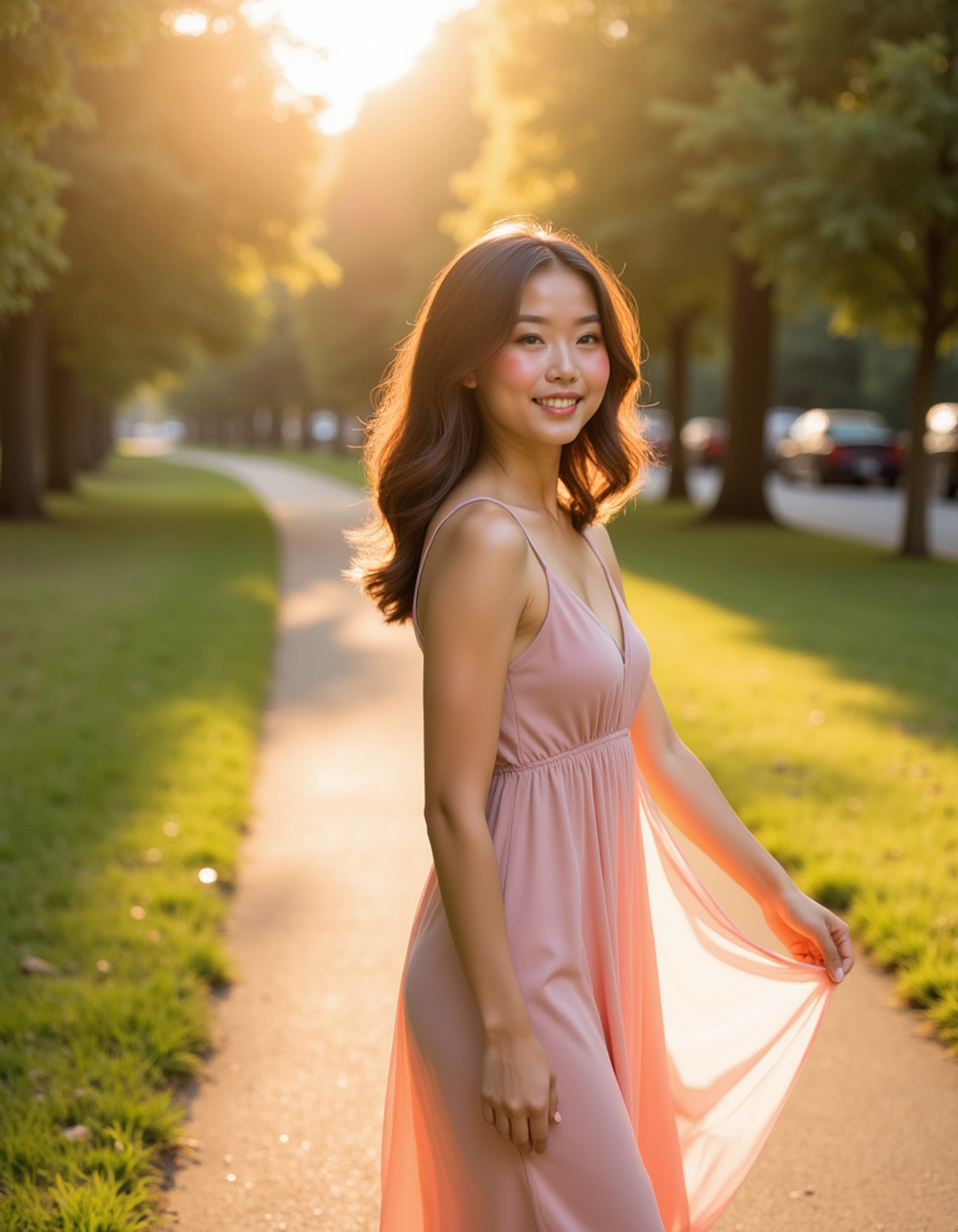 feminine model laughing genuinely while walking through a sunlit park, dressed in an elegant flowy sundress, golden hour lighting enhancing the romantic and carefree mood