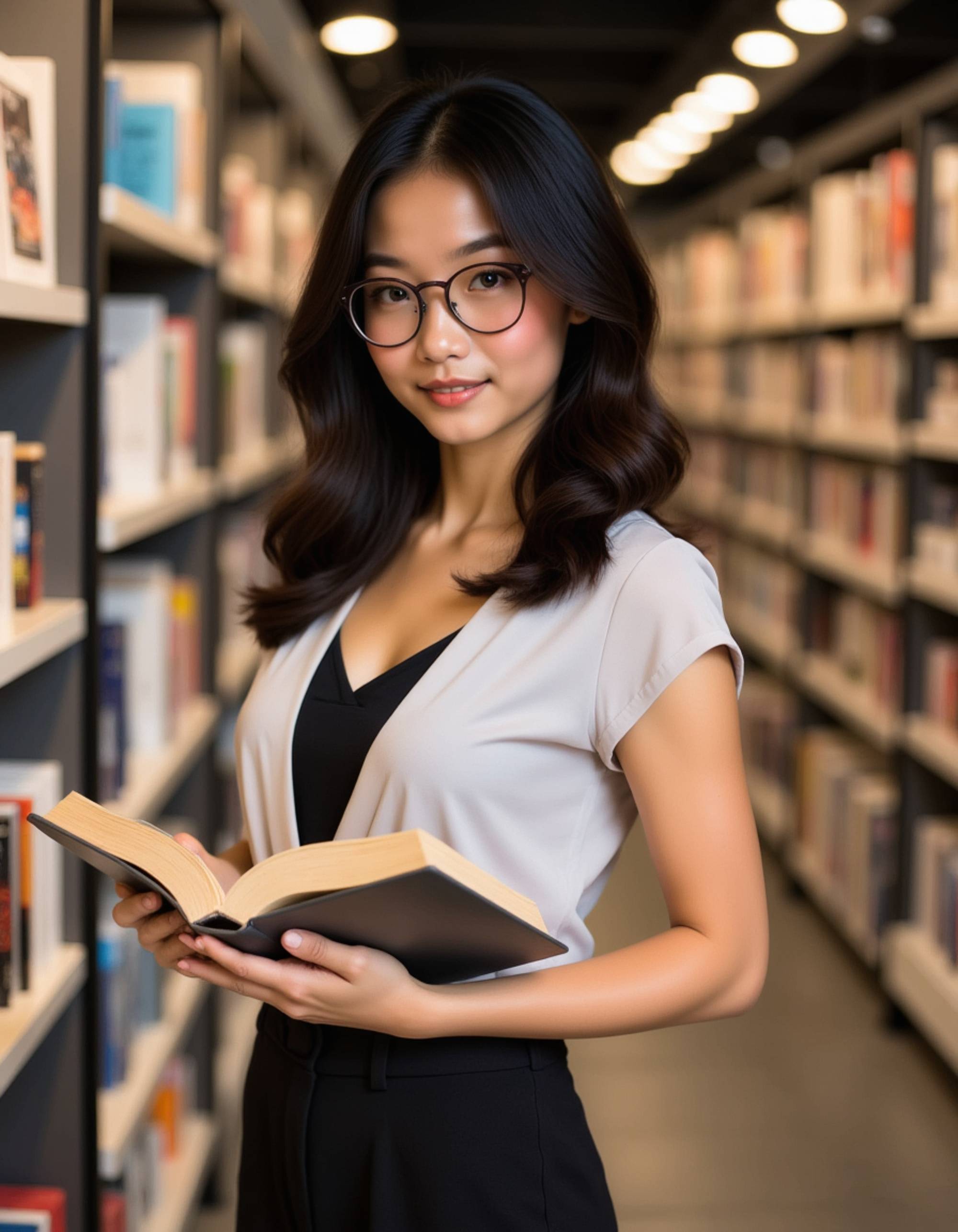 a stylish feminine model browsing books in a modern bookstore, wearing smart casual attire with glasses, soft indoor lighting creating an intellectual and approachable vibe
