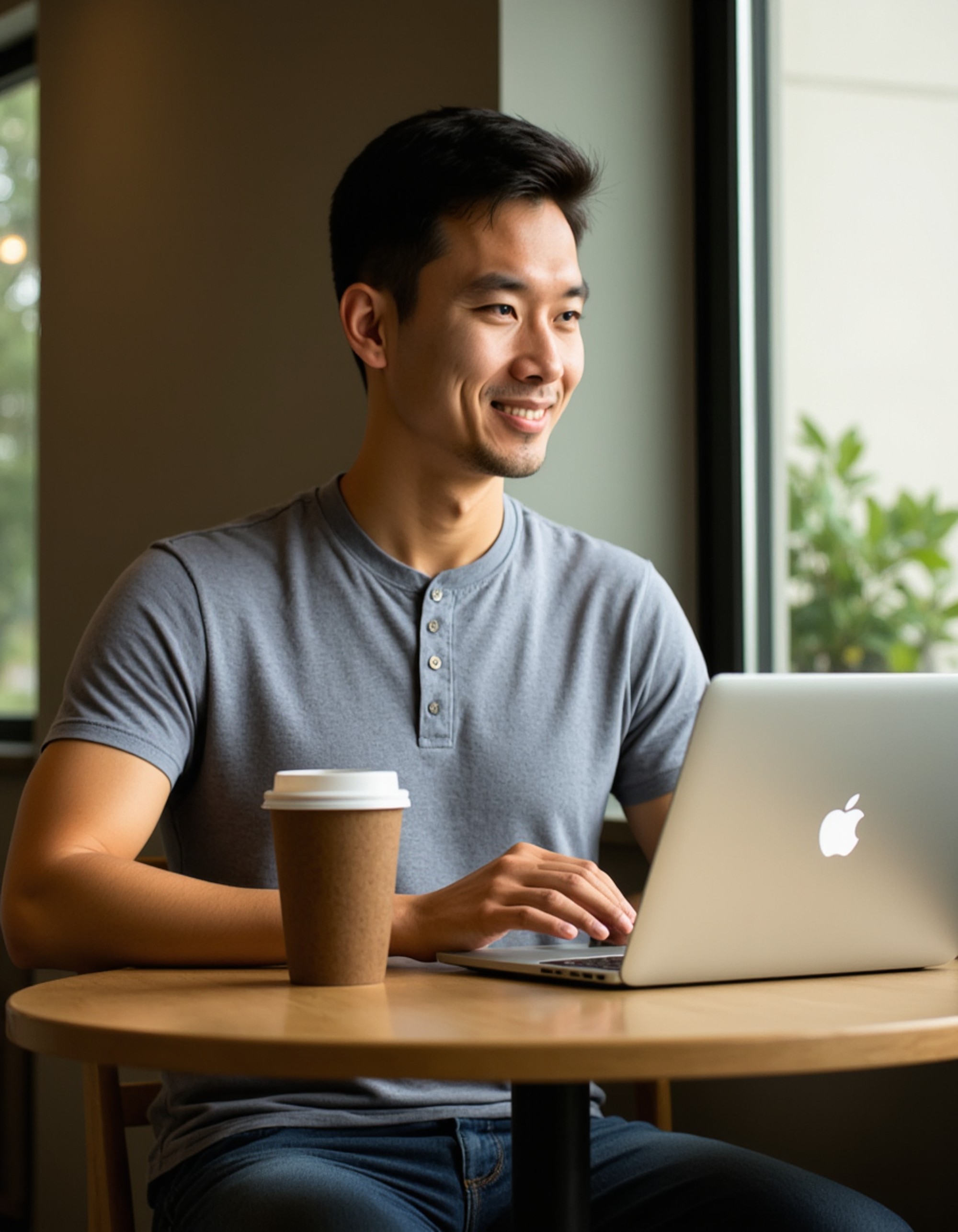 a confident masculine model sitting at a trendy coffee shop with laptop, wearing a fitted henley shirt and jeans, natural window lighting creating a relaxed professional vibe
