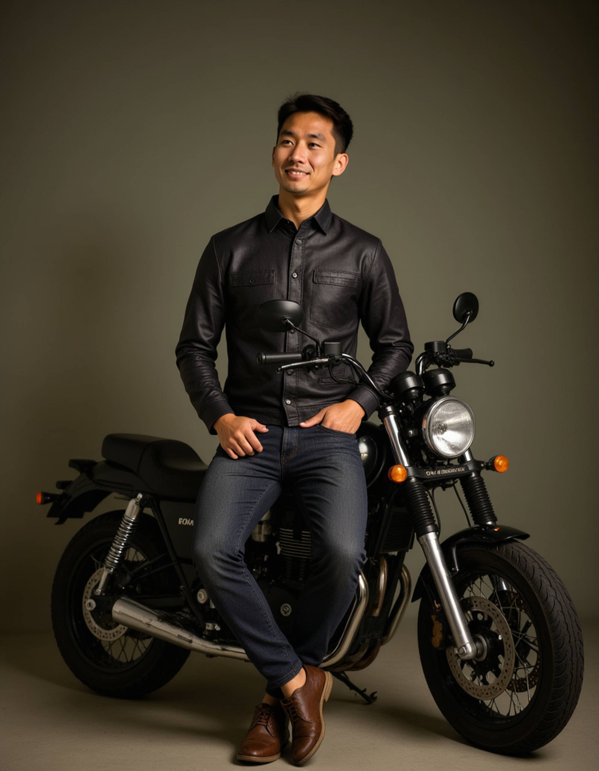 masculine model leaning against a vintage motorcycle, dressed in a leather jacket and dark jeans, urban warehouse background, moody lighting highlighting rugged charm and confidence