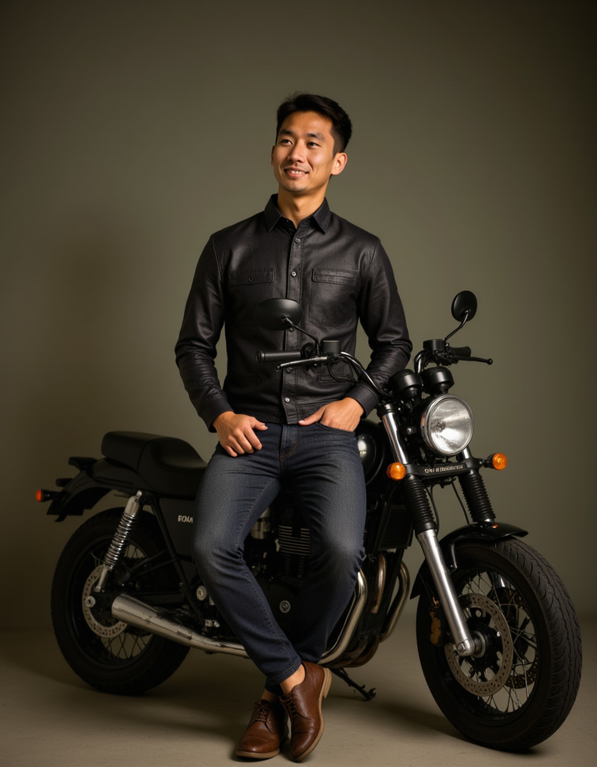masculine model leaning against a vintage motorcycle, dressed in a leather jacket and dark jeans, urban warehouse background, moody lighting highlighting rugged charm and confidence