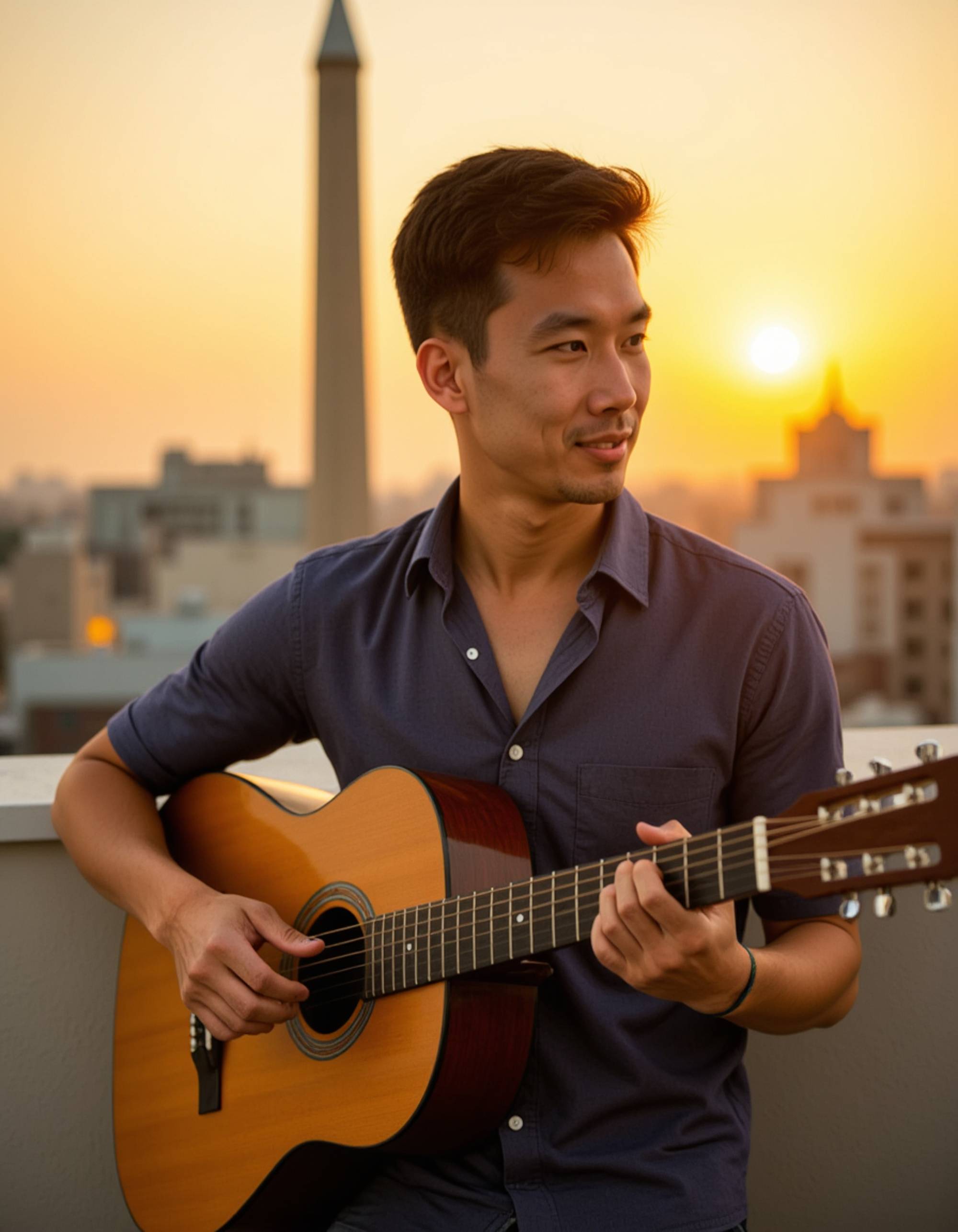 a charismatic masculine model playing guitar on a rooftop terrace, wearing casual button-up shirt with rolled sleeves, sunset golden hour creating warm intimate atmosphere