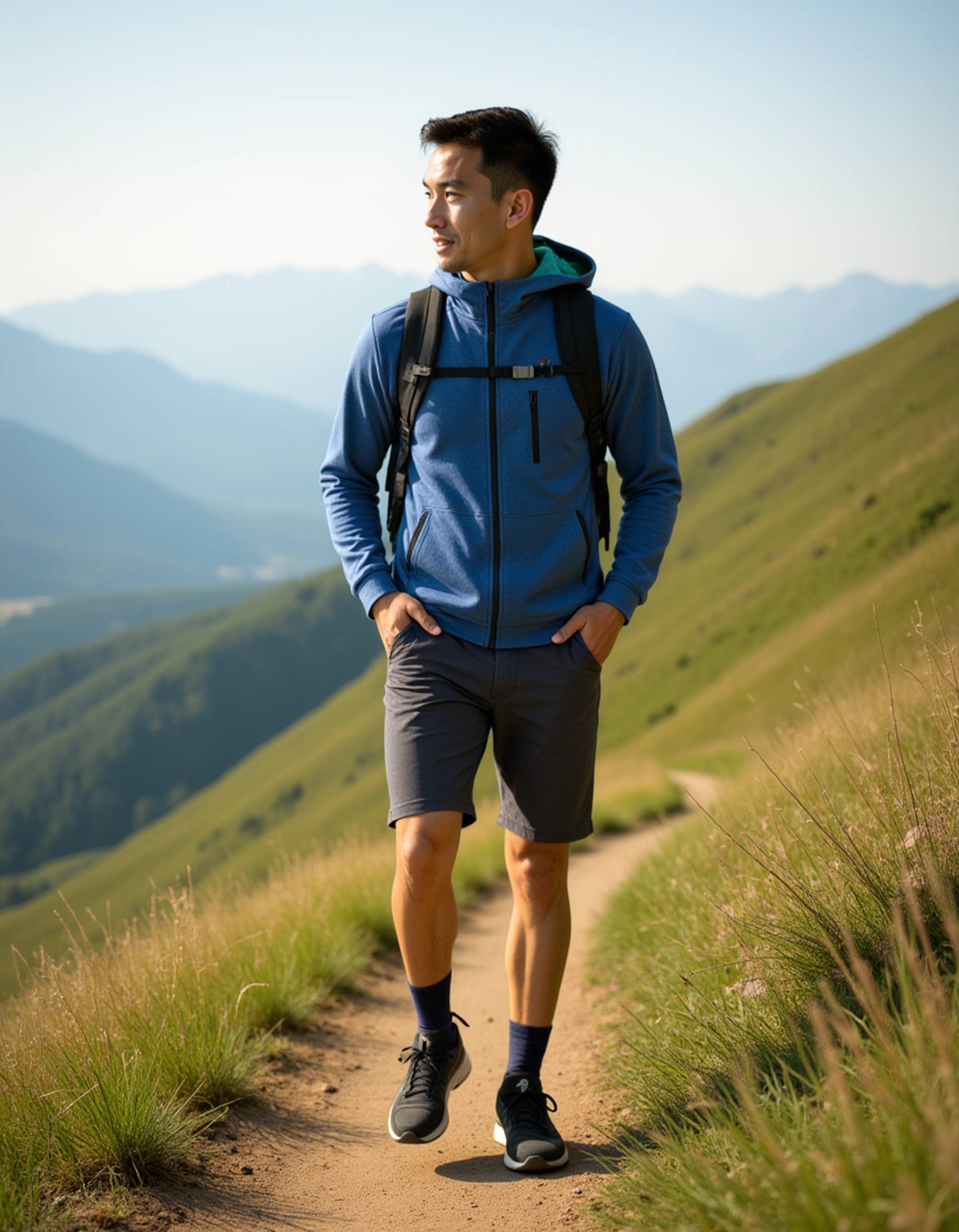 masculine model hiking on a scenic mountain trail, wearing outdoor athletic gear, natural landscape in background, bright daylight capturing adventurous and active lifestyle