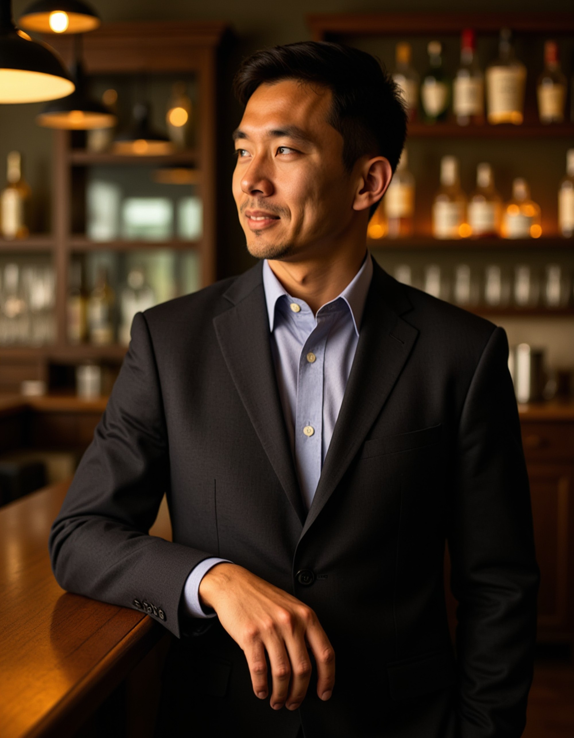 a sophisticated masculine model at an upscale bar, wearing a tailored blazer over a crisp shirt, dim ambient lighting with bokeh effects, exuding elegance and social confidence