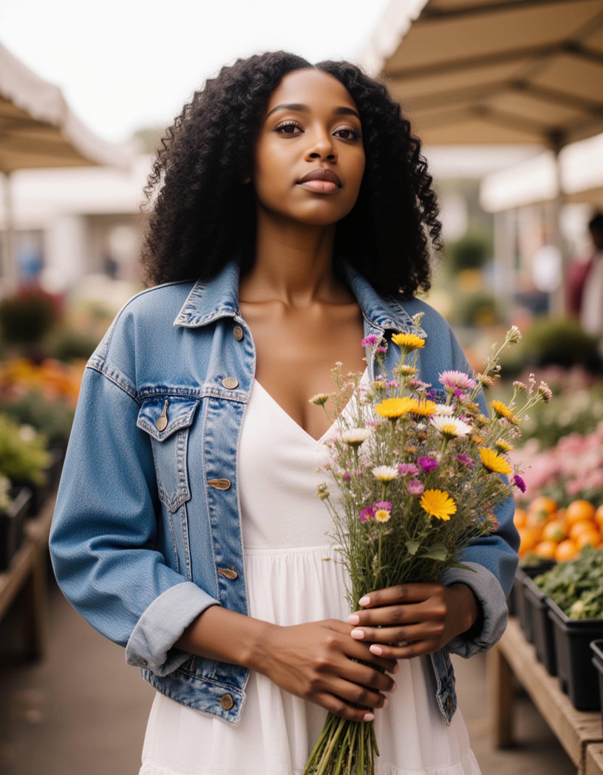 a radiant feminine model at a farmers market, wearing a casual linen dress and denim jacket, holding fresh flowers, soft natural daylight creating an authentic and down-to-earth atmosphere