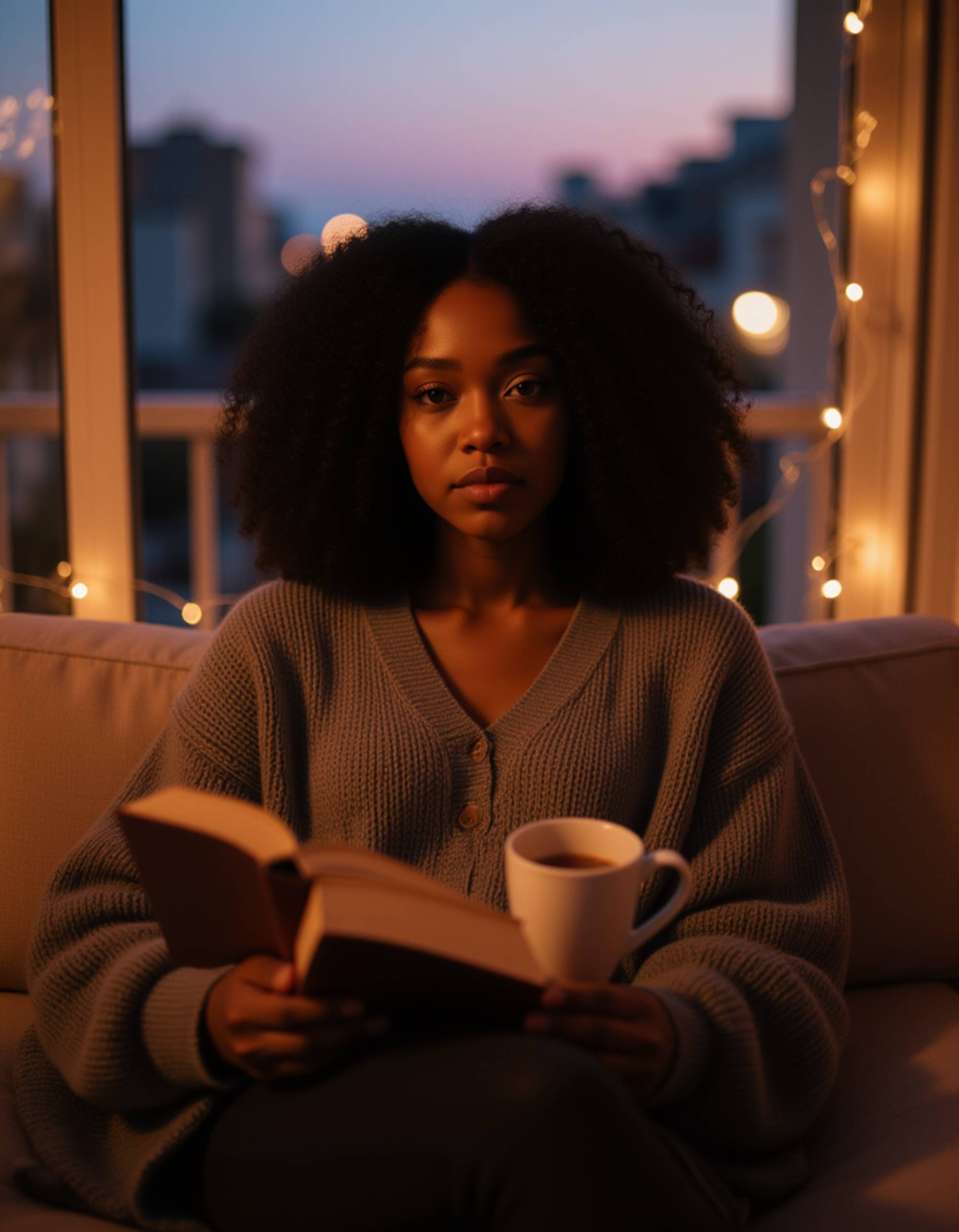 feminine model relaxing on a cozy balcony with string lights, wearing an oversized sweater and leggings, holding a book and tea, warm evening glow creating intimate and peaceful vibes
