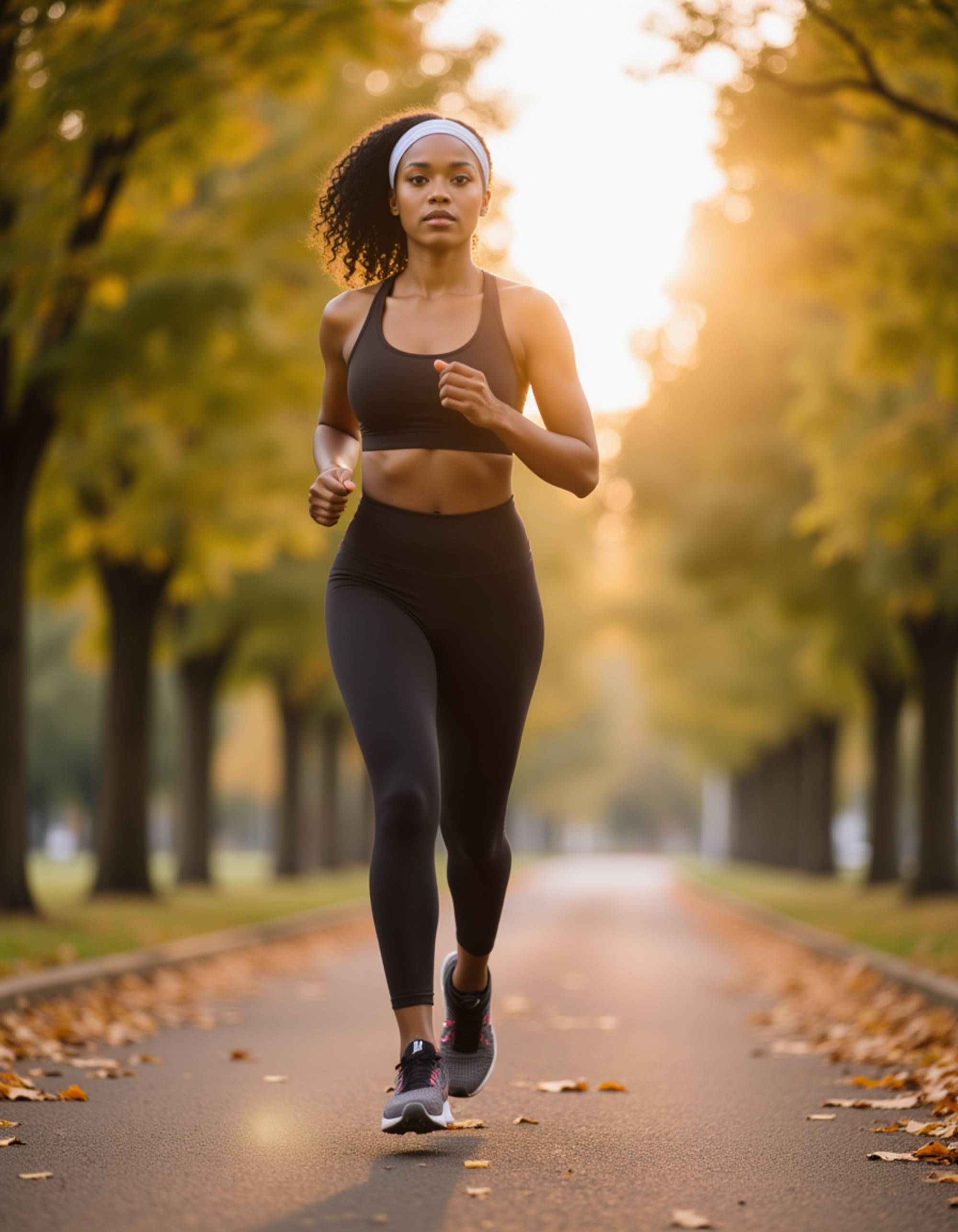 an athletic feminine model jogging through a tree-lined path in a park, wearing stylish activewear, early morning sunlight filtering through leaves, capturing energy and healthy lifestyle