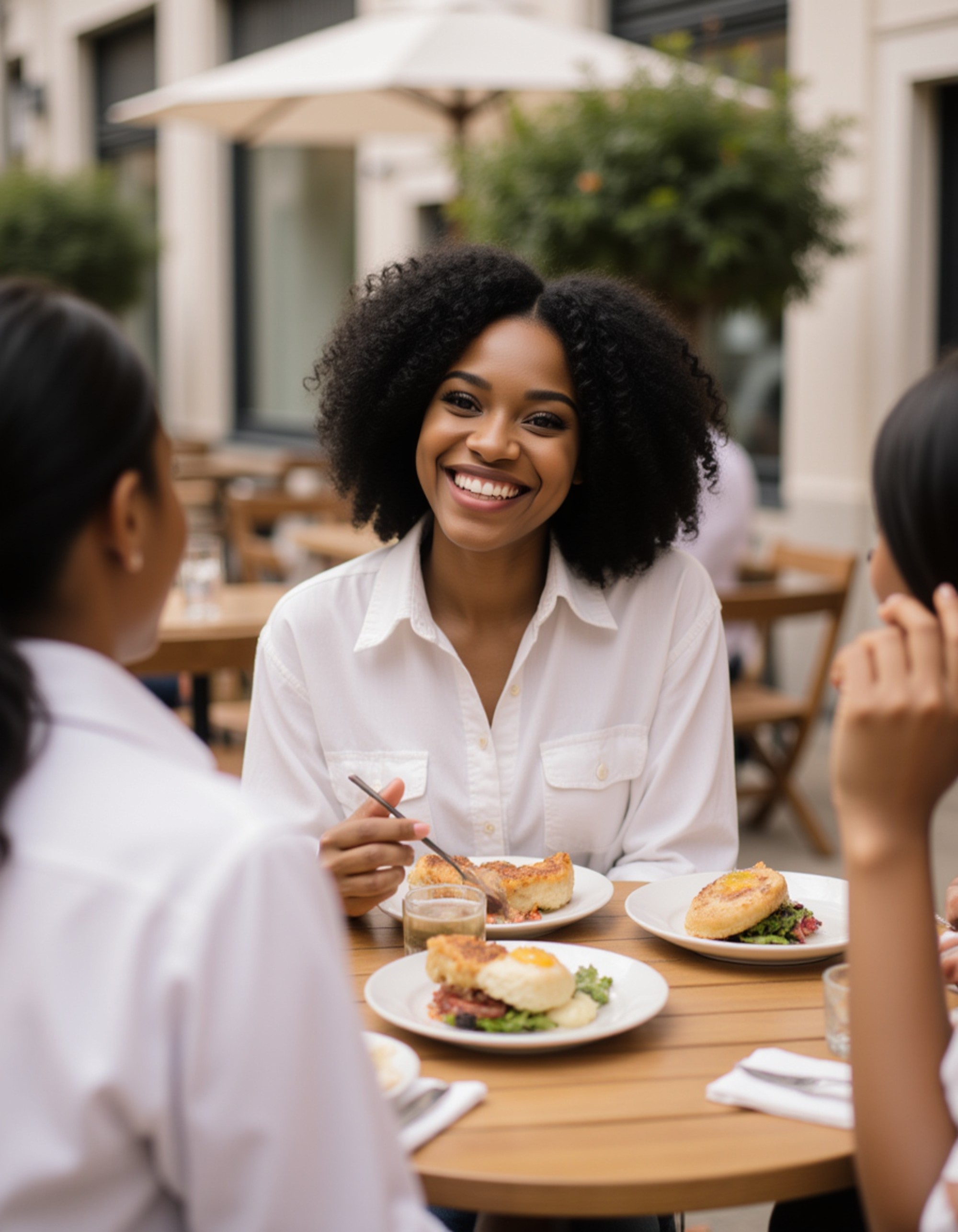 feminine model laughing with friends at an outdoor brunch setting, wearing a chic blouse and high-waisted pants, bright natural lighting and blurred background suggesting fun social personality