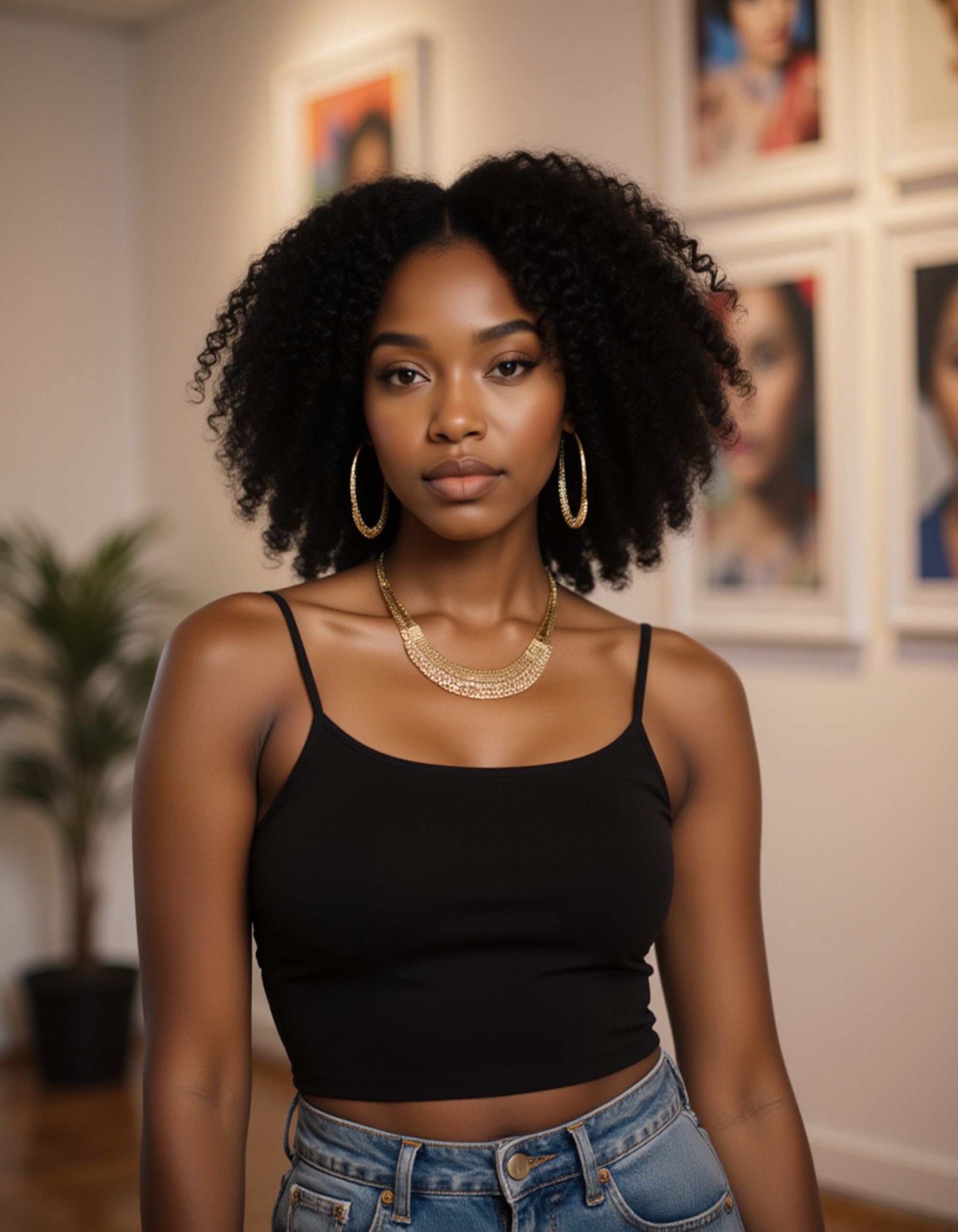 a creative feminine model in an art gallery or studio space, wearing elegant casual attire with statement jewelry, soft gallery lighting highlighting sophistication and cultural interests