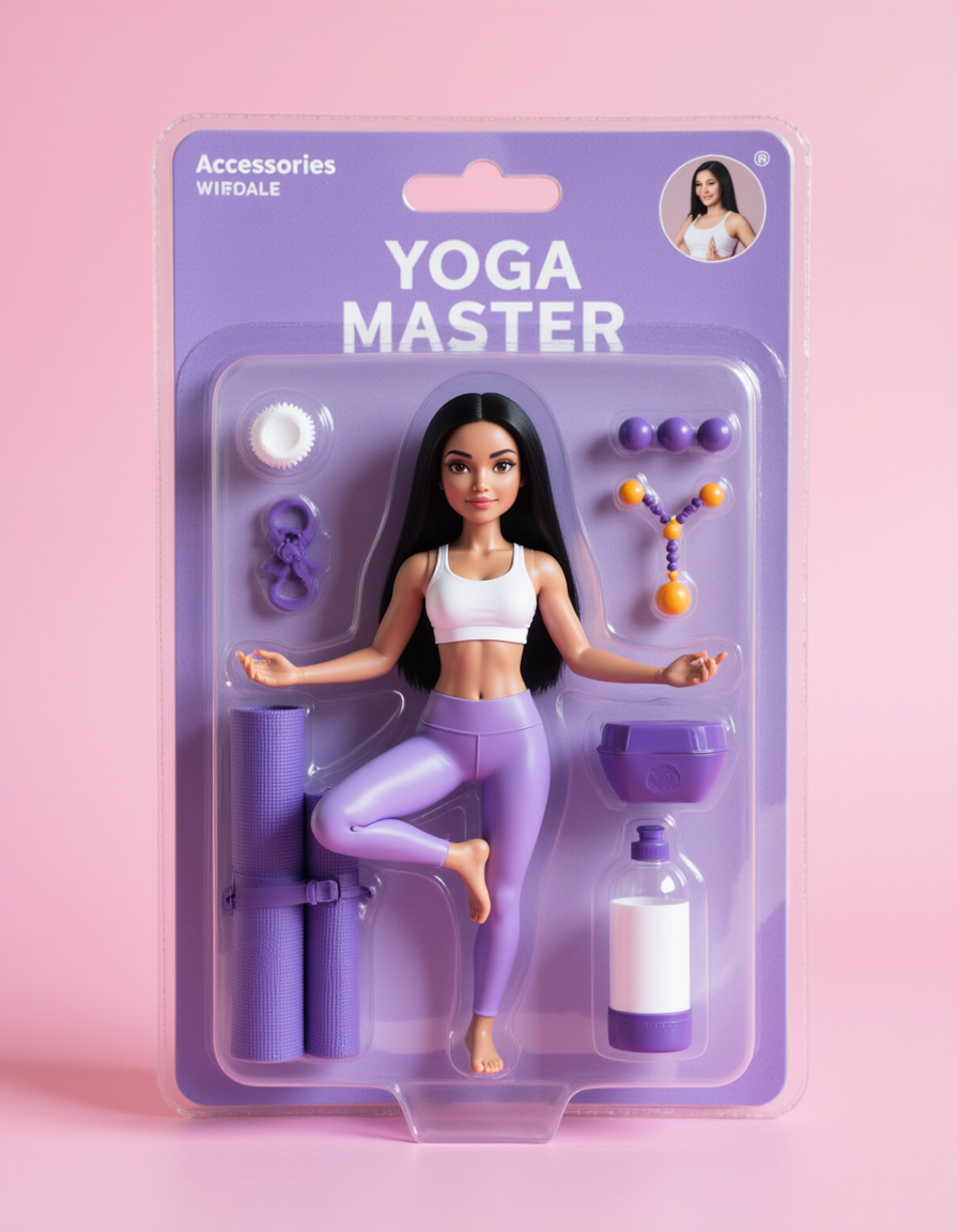model as an action figure in packaging labeled 'YOGA MASTER'. Use model as a reference for the face. Model is 6 inches tall and dressed in yoga attire, striking a tree pose. The cardboard section should be lavender. Include an 'Accessories' section with items like yoga mat, water bottle, and meditation beads. Make the design visually appealing and reflective of wellness and mindfulness culture. Do not include the character image on packaging.