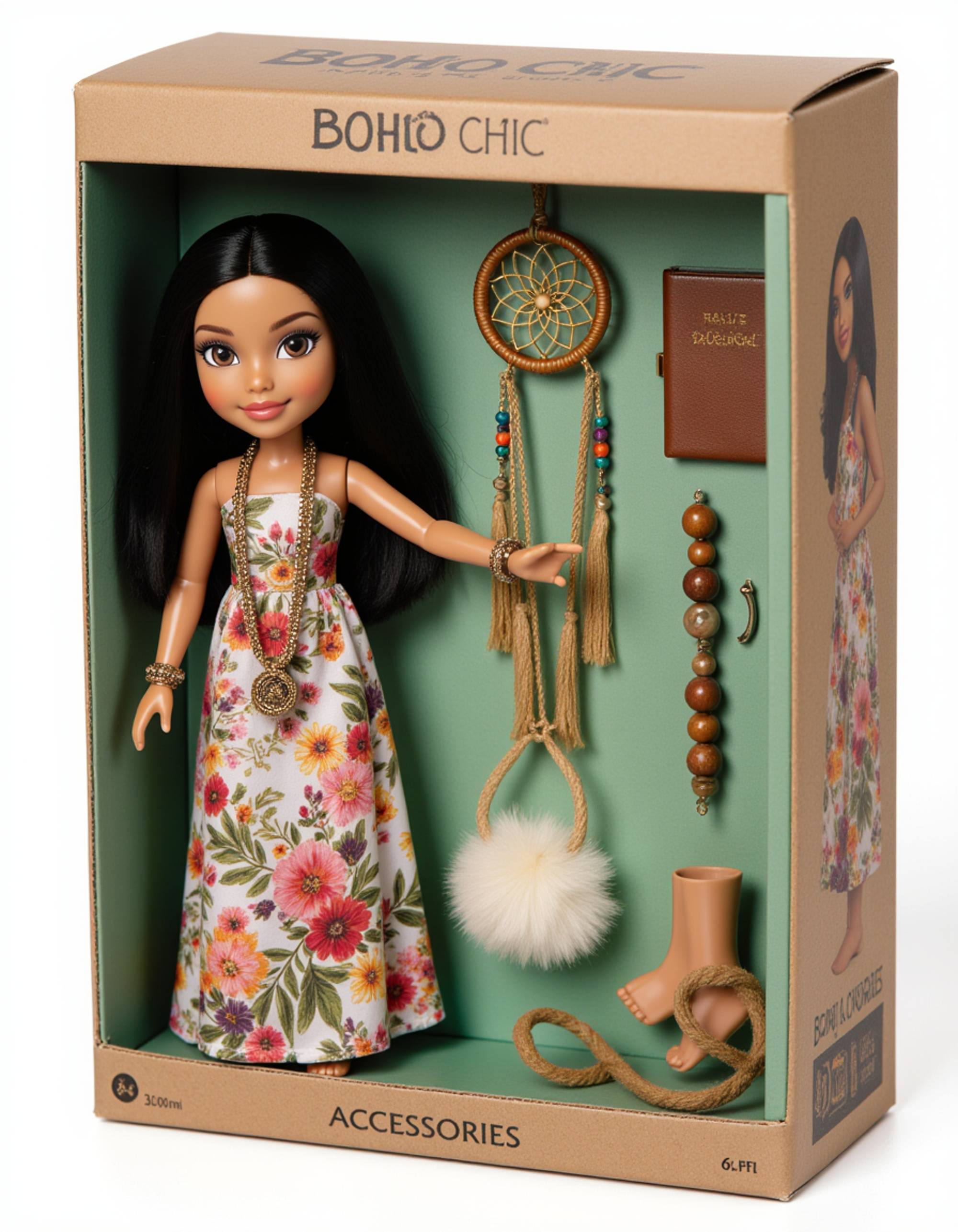 model as an action figure in packaging labeled 'BOHO CHIC'. Use model as a reference for the face. Model is 6 inches tall and dressed in bohemian attire with flowy dress and layered jewelry, holding a dreamcatcher. The cardboard section should be earthy green. Include an 'Accessories' section with items like flower crown, ankle bracelet, and journal. Make the design visually appealing and reflective of bohemian lifestyle. Do not include the character image on packaging.
