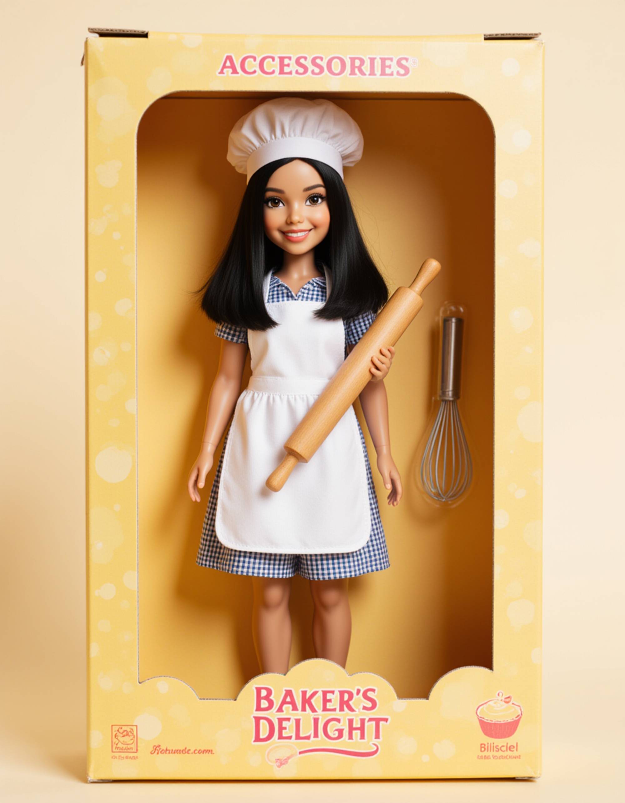 model as an action figure in packaging labeled 'BAKER'S DELIGHT'. Use model as a reference for the face. Model is 6 inches tall and dressed in a baker’s outfit with apron, holding a rolling pin. The cardboard section should be pastel yellow. Include an 'Accessories' section with items like mixing bowl, whisk, and cupcake tray. Make the design visually appealing and reflective of baking culture. Do not include the character image on packaging.