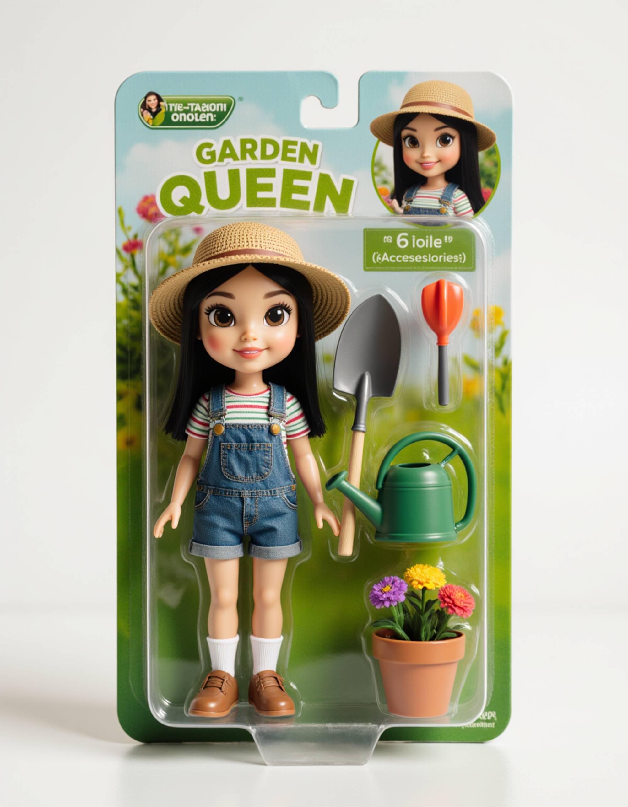 model as an action figure in packaging labeled 'GARDEN QUEEN'. Use model as a reference for the face. Model is 6 inches tall and dressed in gardening attire with sunhat, holding a trowel. The cardboard section should be sage green. Include an 'Accessories' section with items like watering can, flower pot, and gardening gloves. Make the design visually appealing and reflective of gardening lifestyle. Do not include the character image on packaging.