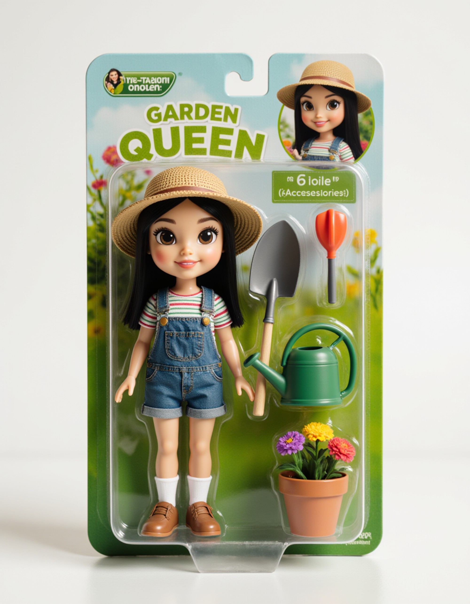 model as an action figure in packaging labeled 'GARDEN QUEEN'. Use model as a reference for the face. Model is 6 inches tall and dressed in gardening attire with sunhat, holding a trowel. The cardboard section should be sage green. Include an 'Accessories' section with items like watering can, flower pot, and gardening gloves. Make the design visually appealing and reflective of gardening lifestyle. Do not include the character image on packaging.