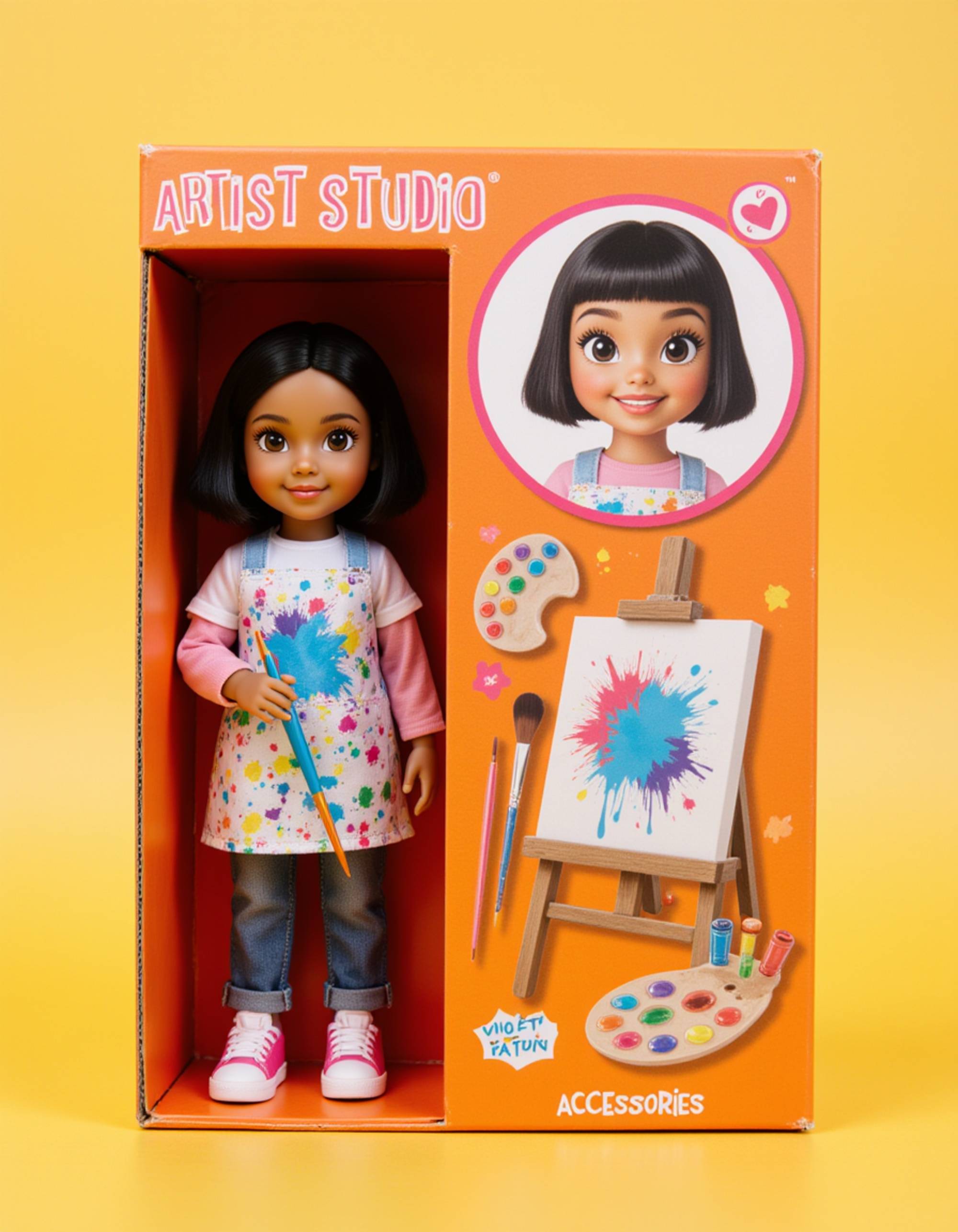 model as an action figure in packaging labeled 'ARTIST STUDIO'. Use model as a reference for the face. Model is 6 inches tall and dressed in artsy attire with a paint-splattered smock, holding a paintbrush. The cardboard section should be vibrant orange. Include an 'Accessories' section with items like paint palette, canvas, and sketchbook. Make the design visually appealing and reflective of artistic culture. Do not include the character image on packaging.