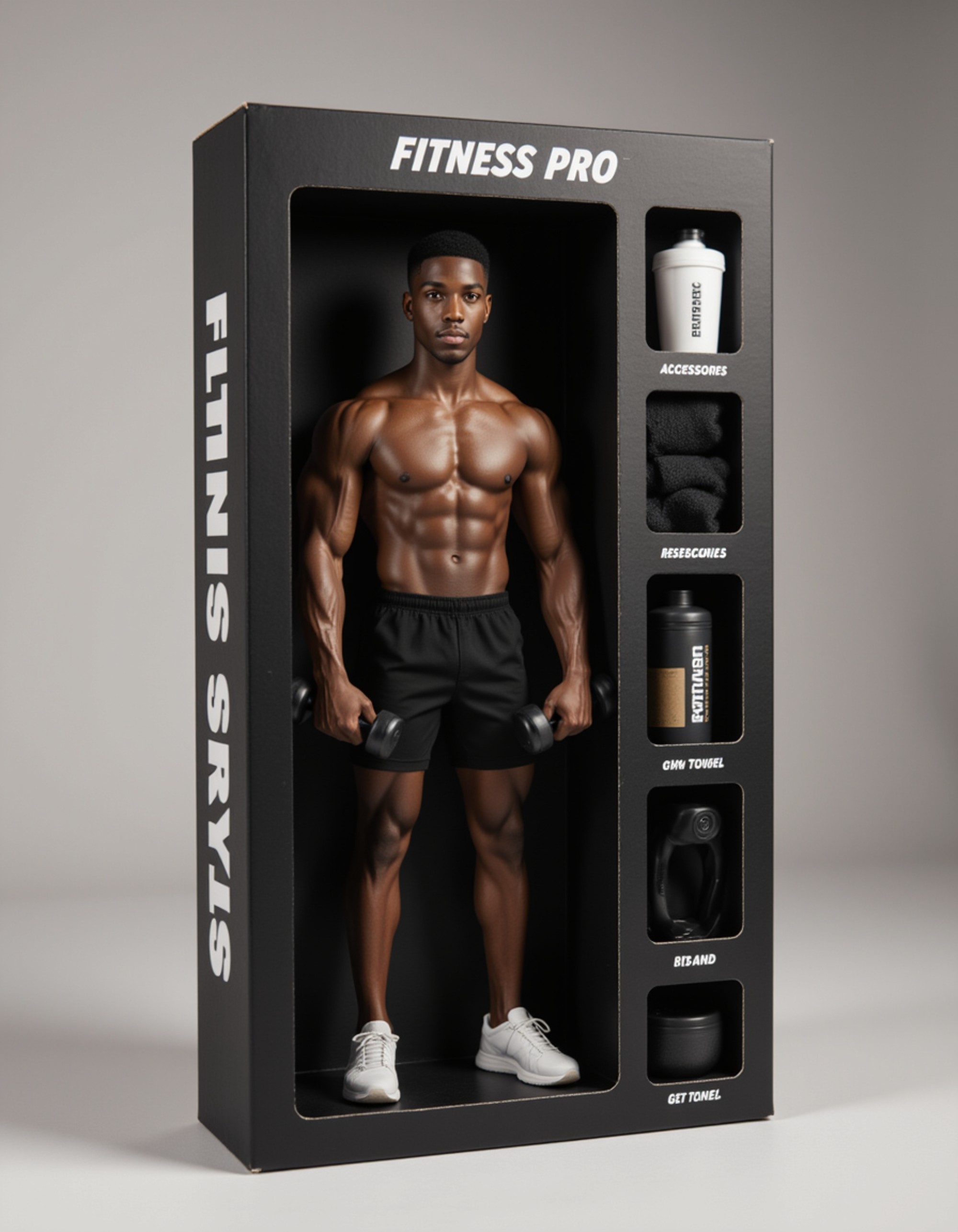 model as an action figure in packaging labeled 'FITNESS PRO'. Use model as a reference for the face. Model is 6 inches tall and dressed in gym attire, holding dumbbells. The cardboard section should be black. Include an 'Accessories' section with items like protein shaker, resistance band, and gym towel. Make the design visually appealing and reflective of fitness culture. Do not include the character image on packaging.