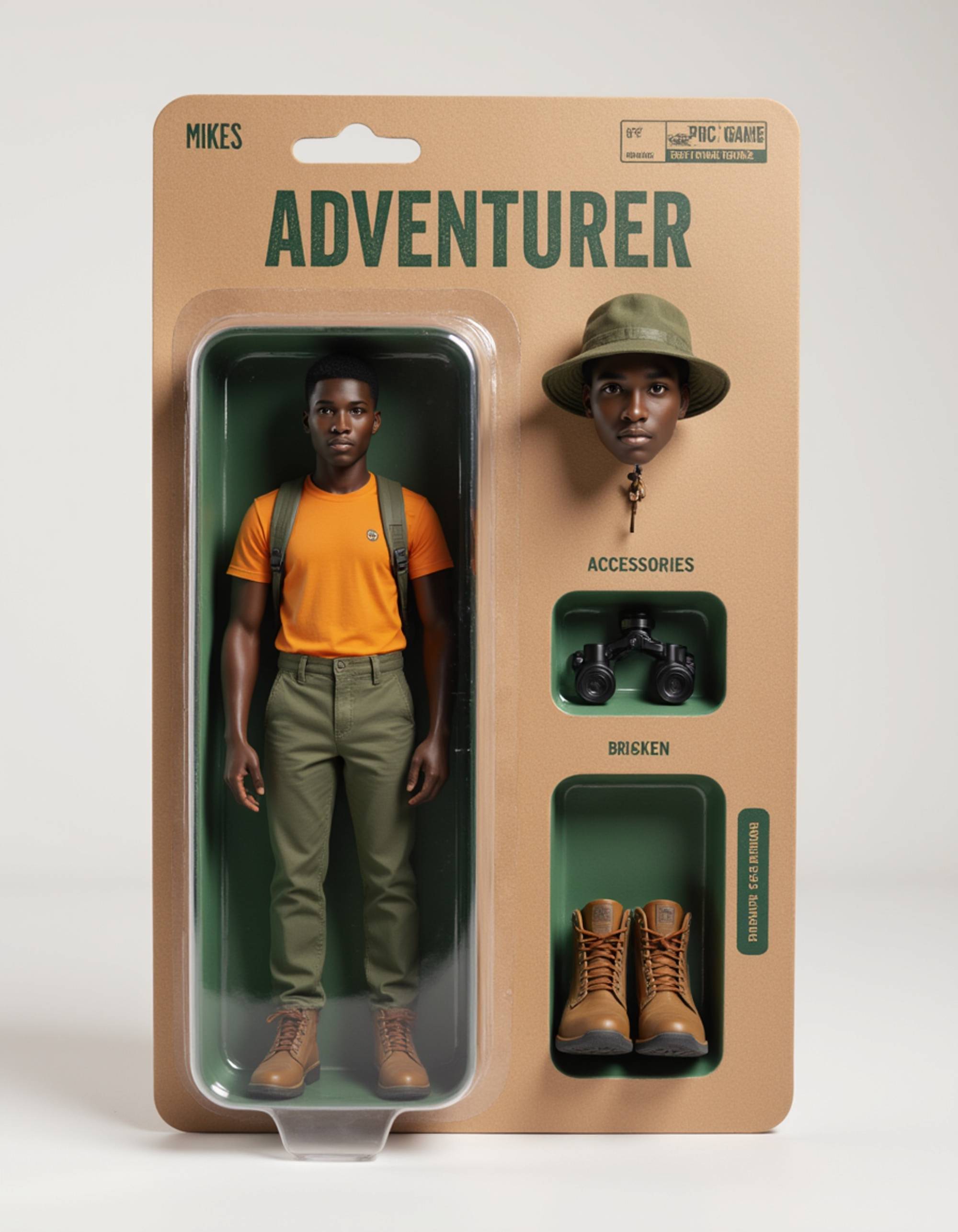 model as an action figure in packaging labeled 'ADVENTURER'. Use model as a reference for the face. Model is 6 inches tall and dressed in explorer outfit with backpack, holding a compass. The cardboard section should be khaki green. Include an 'Accessories' section with items like map, binoculars, and hiking boots. Make the design visually appealing and reflective of adventure lifestyle. Do not include the character image on packaging.