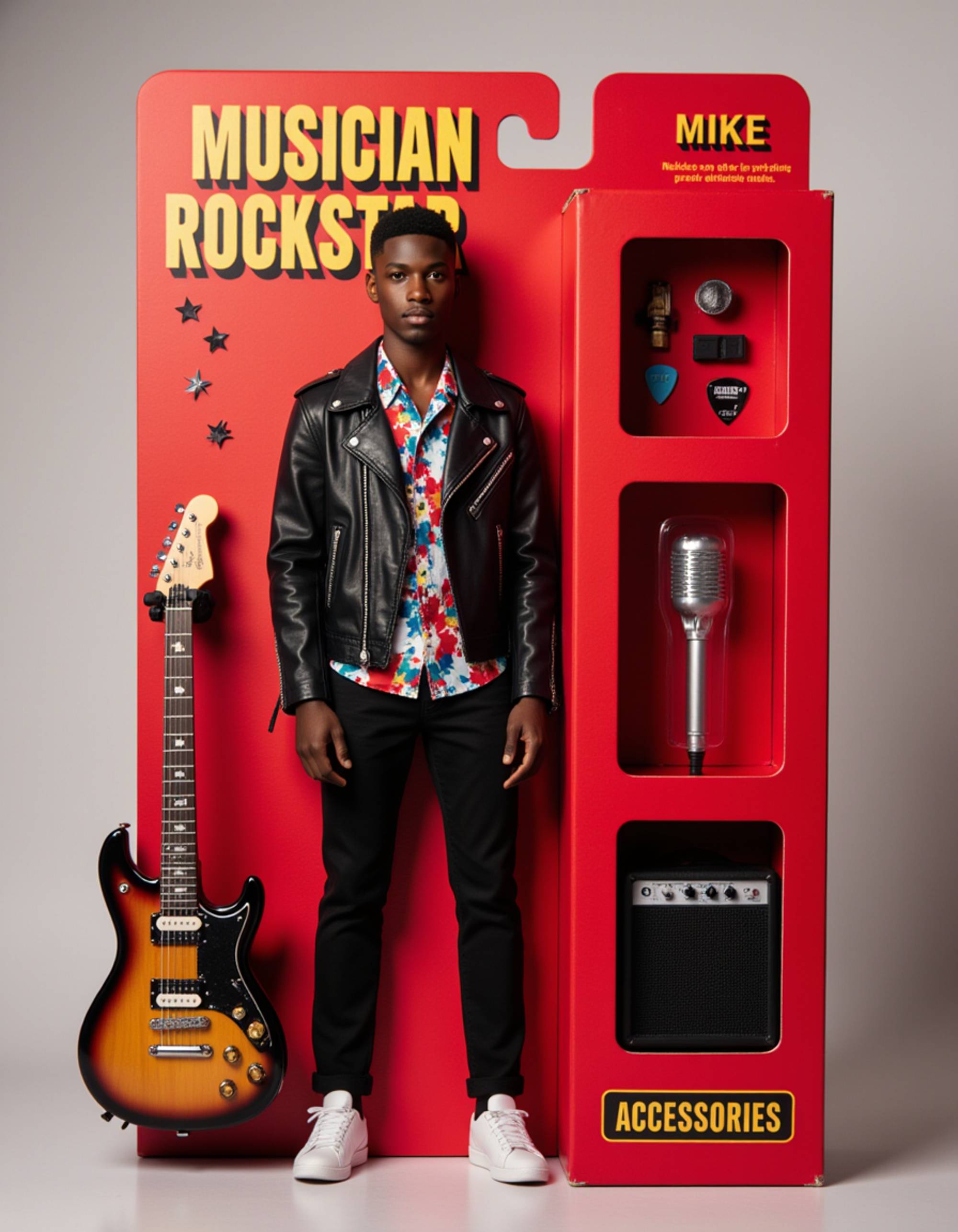 model as an action figure in packaging labeled 'MUSICIAN ROCKSTAR'. Use model as a reference for the face. Model is 6 inches tall and dressed in rockstar attire with leather jacket, holding an electric guitar. The cardboard section should be red. Include an 'Accessories' section with items like amplifier, guitar pick, and microphone. Make the design visually appealing and reflective of music industry. Do not include the character image on packaging.