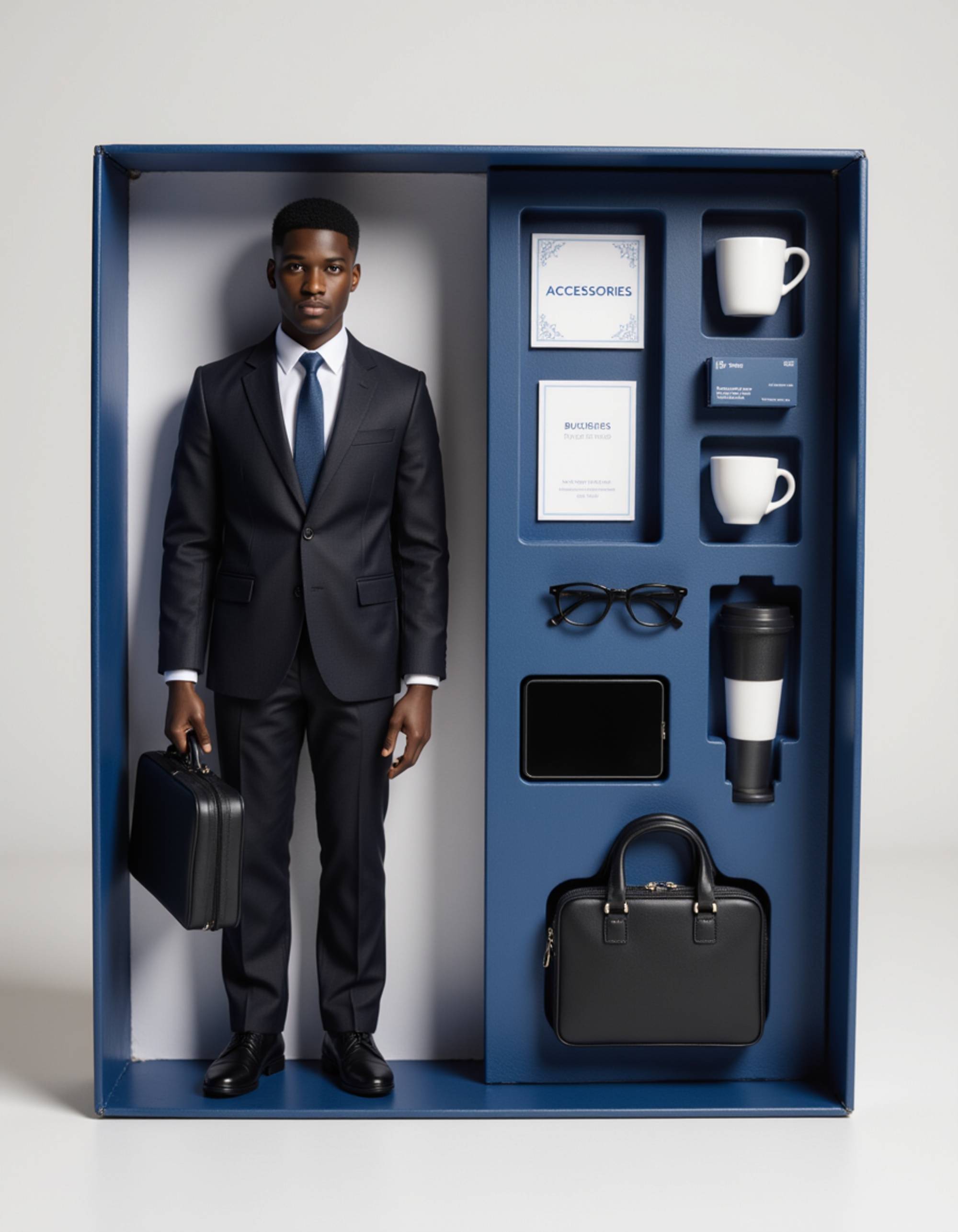 model as an action figure in packaging labeled 'BUSINESS TYCOON'. Use model as a reference for the face. Model is 6 inches tall and dressed in business suit, holding a briefcase. The cardboard section should be navy blue. Include an 'Accessories' section with items like tablet, business cards, and coffee mug. Make the design visually appealing and reflective of corporate world. Do not include the character image on packaging.