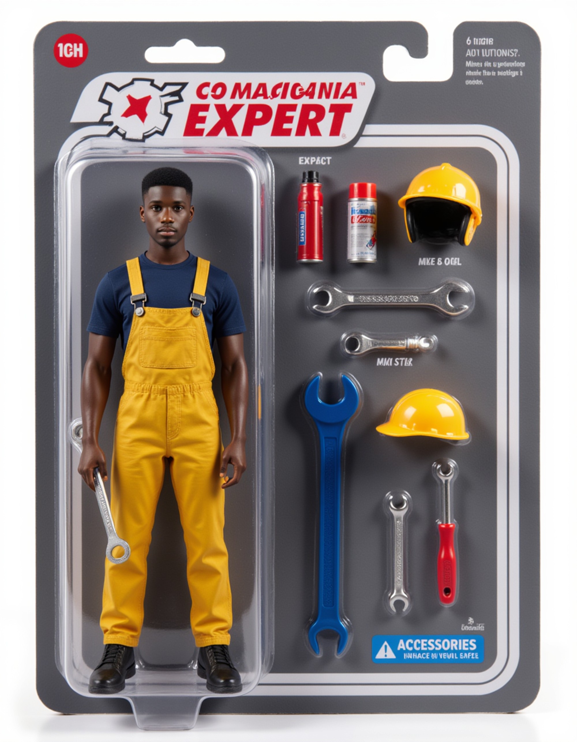 model as an action figure in packaging labeled 'MECHANIC EXPERT'. Use model as a reference for the face. Model is 6 inches tall and dressed in mechanic overalls, holding a wrench. The cardboard section should be gray. Include an 'Accessories' section with items like toolbox, oil can, and helmet. Make the design visually appealing and reflective of automotive trade. Do not include the character image on packaging.