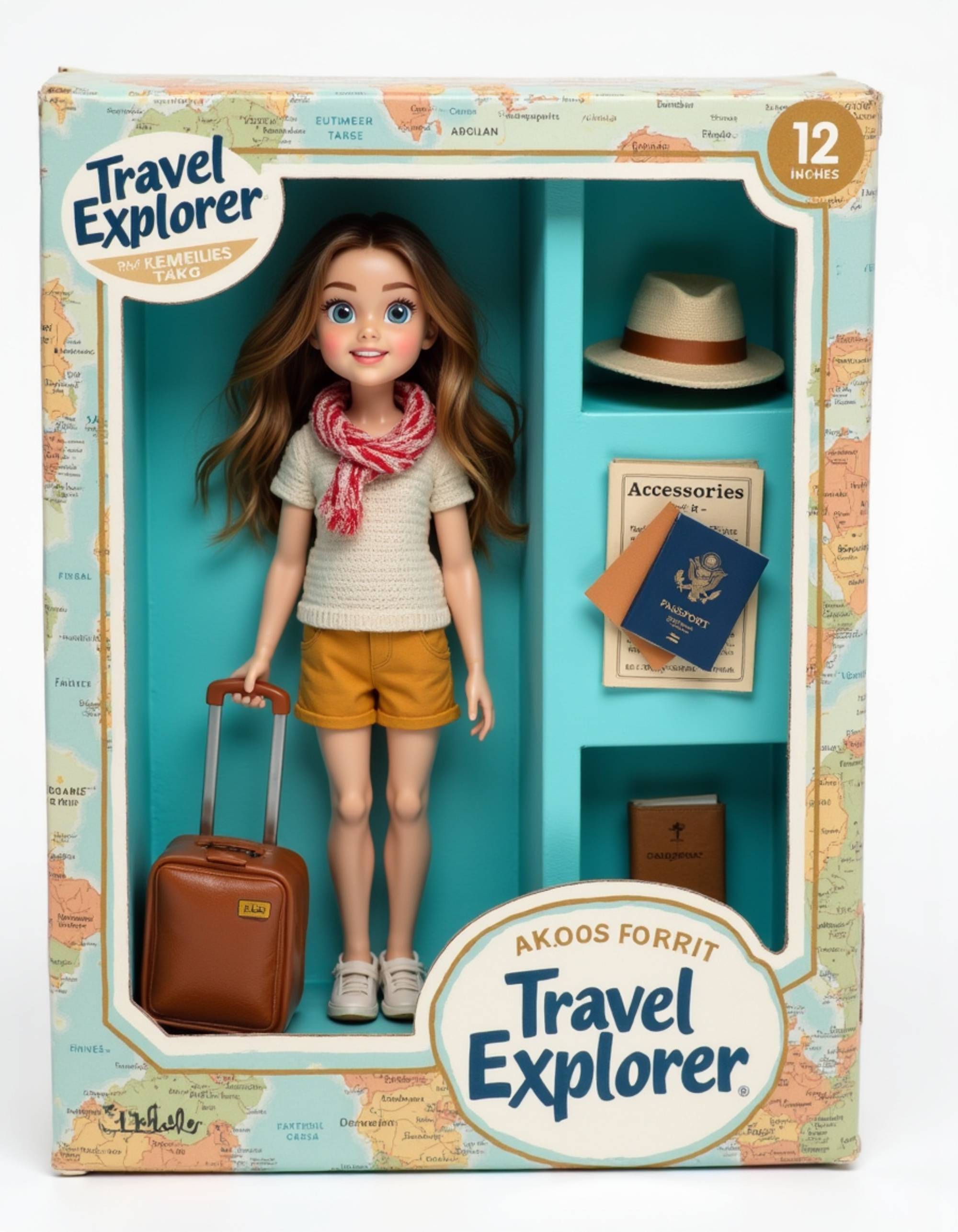 model as an action figure in packaging labeled 'TRAVEL EXPLORER'. Use model as a reference for the face. Model is 6 inches tall and dressed in travel attire with a scarf, holding a suitcase. The cardboard section should be turquoise. Include an 'Accessories' section with items like passport, camera, and travel journal. Make the design visually appealing and reflective of travel lifestyle. Do not include the character image on packaging.