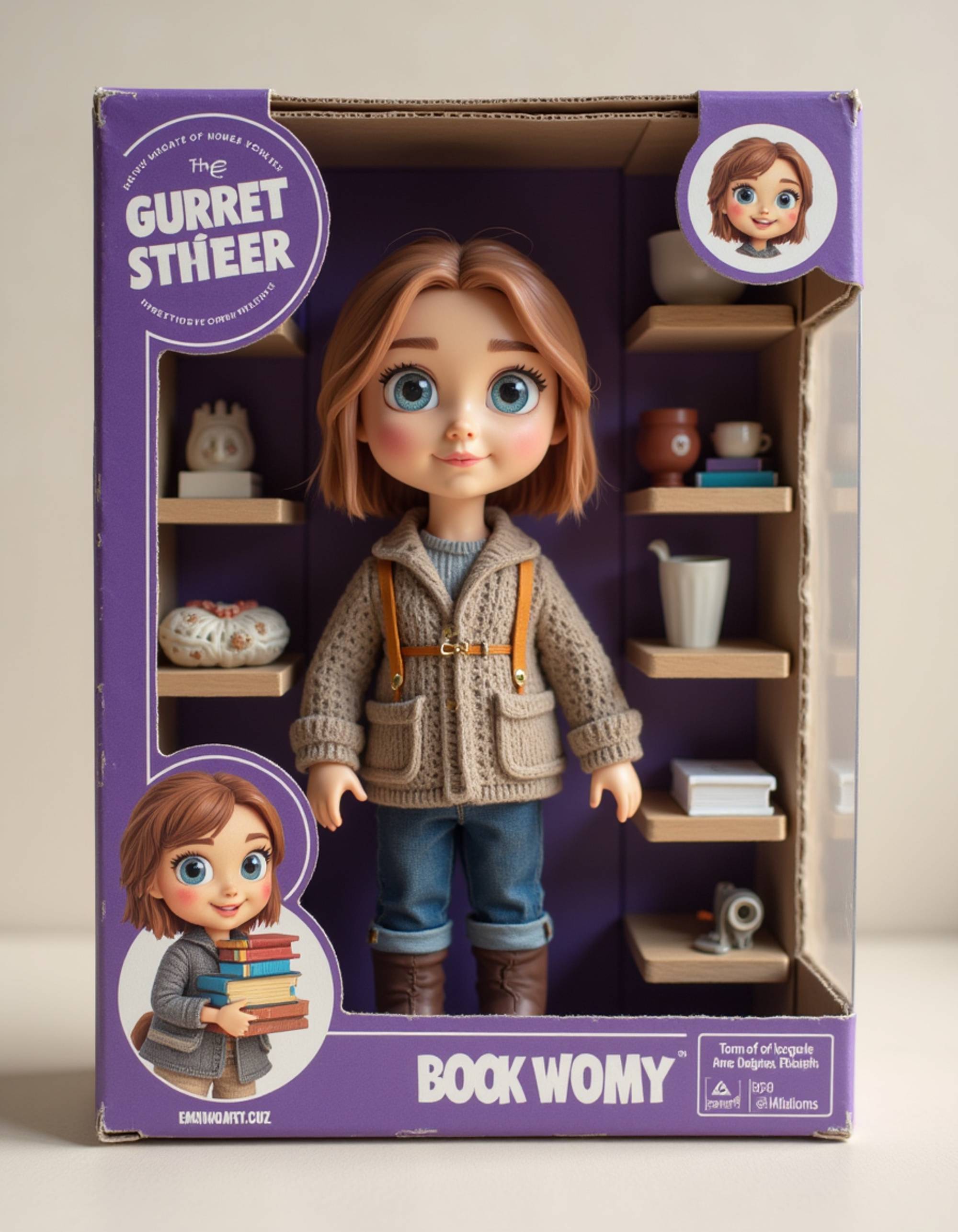 model as an action figure in packaging labeled 'BOOKWORM SCHOLAR'. Use model as a reference for the face. Model is 6 inches tall and dressed in cozy library attire, holding a stack of books. The cardboard section should be deep purple. Include an 'Accessories' section with items like reading glasses, bookmark, and coffee mug. Make the design visually appealing and reflective of literary culture. Do not include the character image on packaging.