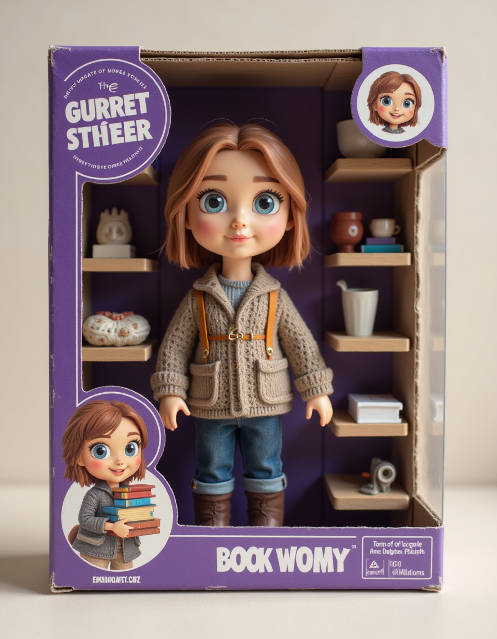 model as an action figure in packaging labeled 'BOOKWORM SCHOLAR'. Use model as a reference for the face. Model is 6 inches tall and dressed in cozy library attire, holding a stack of books. The cardboard section should be deep purple. Include an 'Accessories' section with items like reading glasses, bookmark, and coffee mug. Make the design visually appealing and reflective of literary culture. Do not include the character image on packaging.
